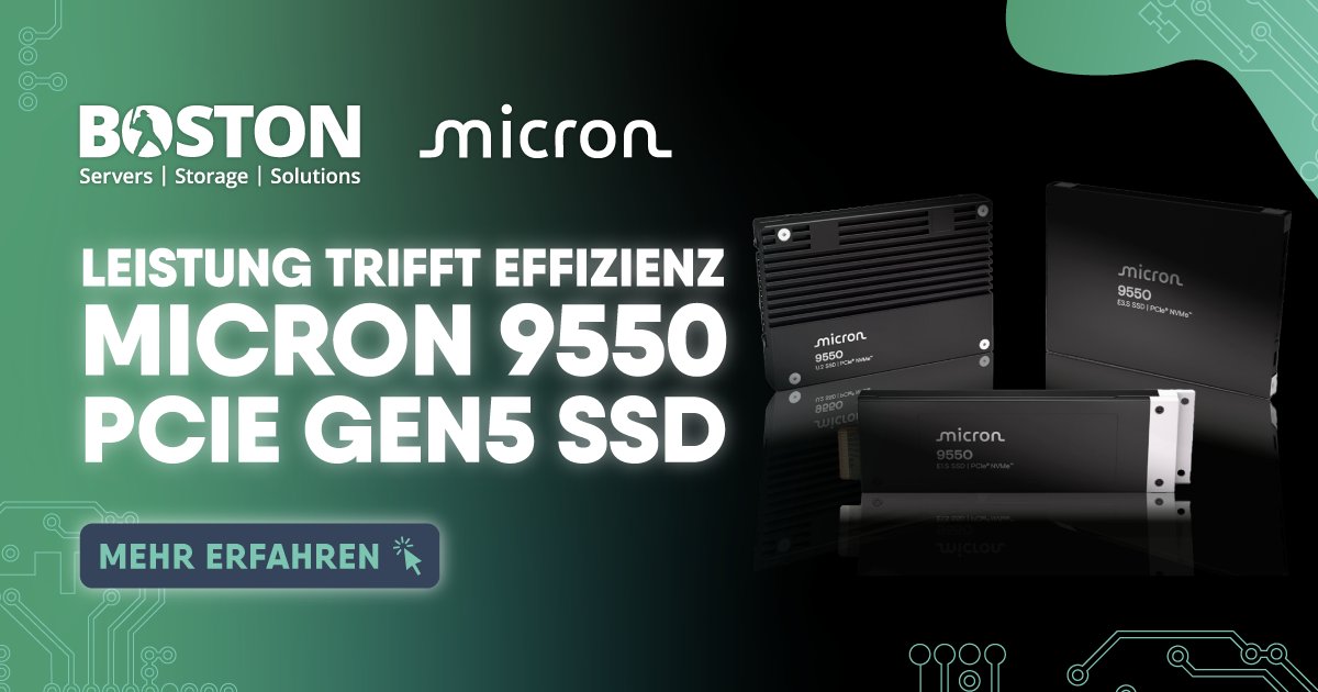 🚀 Die weltweit schnellste SSD ist da! Die Micron 9550 NVMe #SSD bietet bis zu 14.000 MB/s Lesegeschwindigkeit – perfekt für #KI &amp; #HPC.

🌟 Vorteile
✅ 43% weniger Energieverbrauch
✅ Kapazitäten bis 32 TB
✅ Maximale Performance

👉 Jetzt mehr erfahren: eu1.hubs.ly/H0g6wHx0