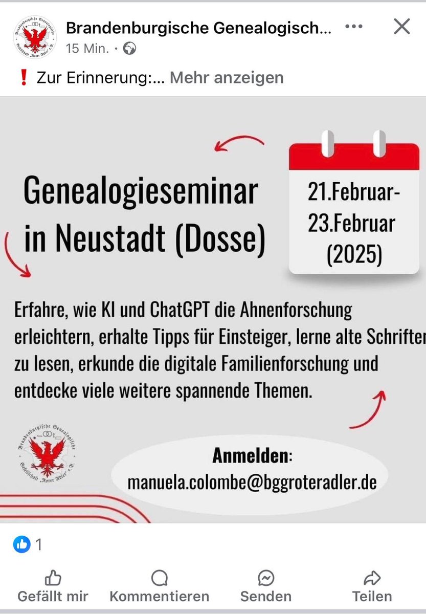 Genealogieseminar 2025 in Neustadt (Dosse) vom 21. Februar 17:00 - 23. Februar 14:00 
Wochenendseminar mit Vollverpflegung: 295 €
Wir widmen uns spannenden Themen rund um Ahnenforschung, Digitalisierung und historische Schriften
bggroteradler.de/event/genealog…