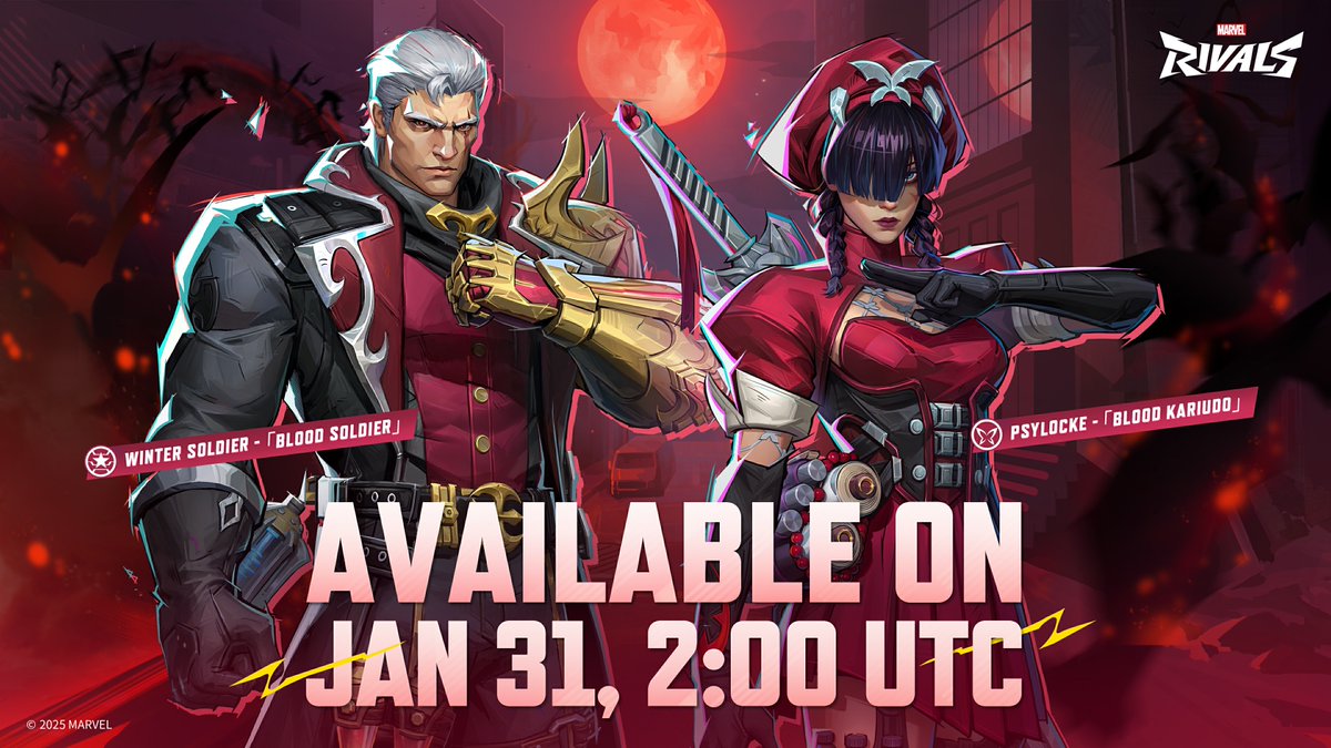 MarvelRivals's tweet image. 🌕 The Eternal Night beckons...
 
Winter Soldier: Blood Soldier and Psylocke: Blood Kariudo costumes are arriving in Marvel Rivals on January 30th, 18:00 PST !

Step into the shadows, embrace the power of the night, and let your rivals tremble at your might. 🩸
 
#MarvelRivals