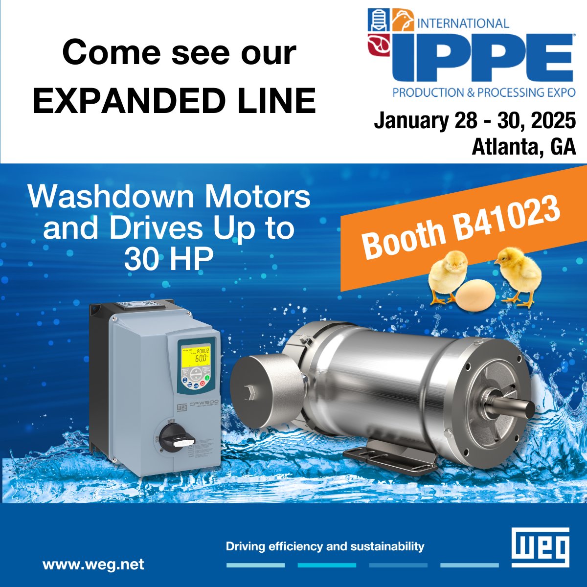 weg_usa's tweet photo. Join Us TOMORROW at #IPPE2025!
#WEG #IPPE #Innovation #Motors #HydroWash #HydroDuty https://t.co/DVJWV7srOo