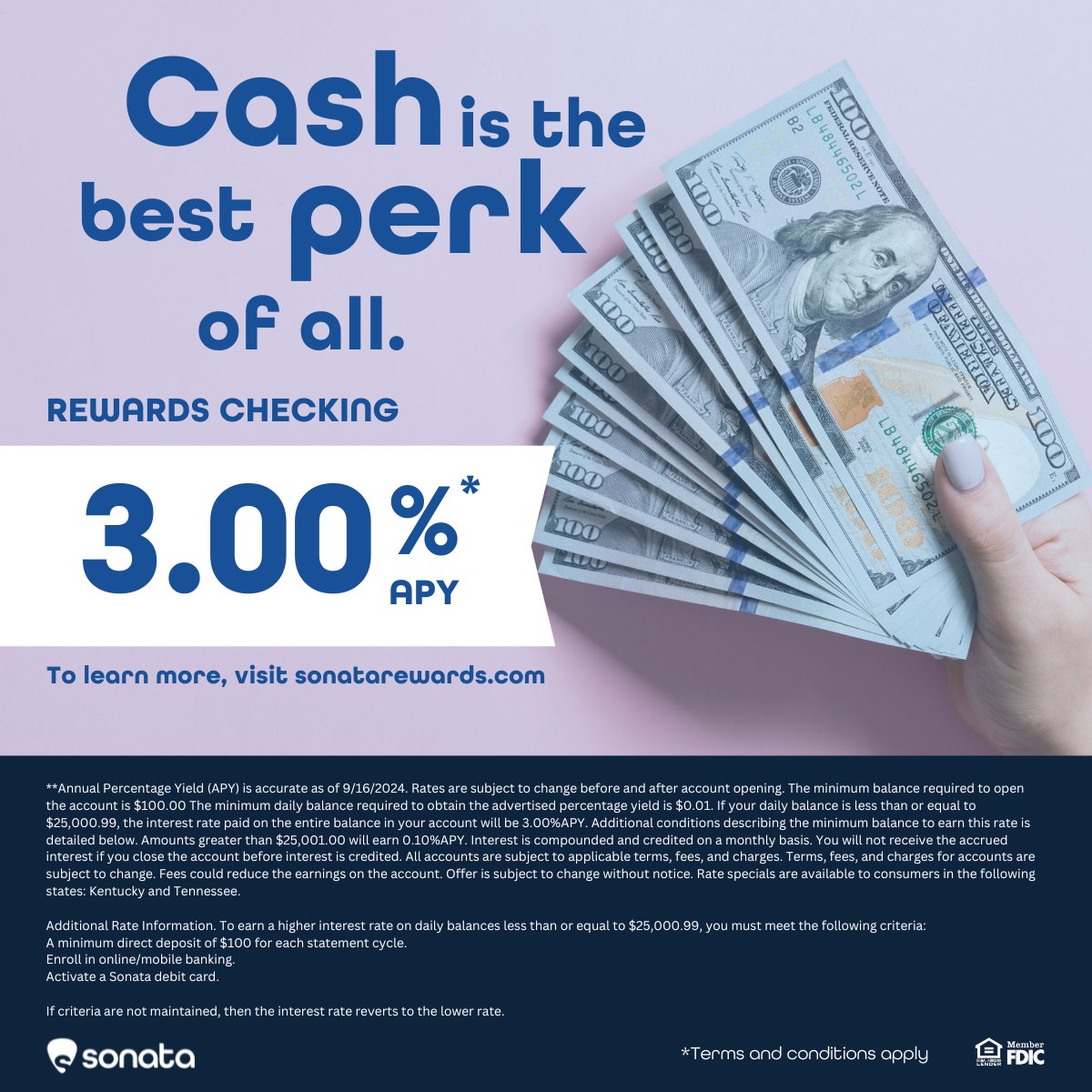 SonataBank21's tweet image. Earn 3.00% APY on balances up to $25K with Sonata Rewards Checking! 🎉
*Terms and conditions apply, see sonatabank.com/rewards for more details
#sonatabank #rewardschecking #rewards #sonata