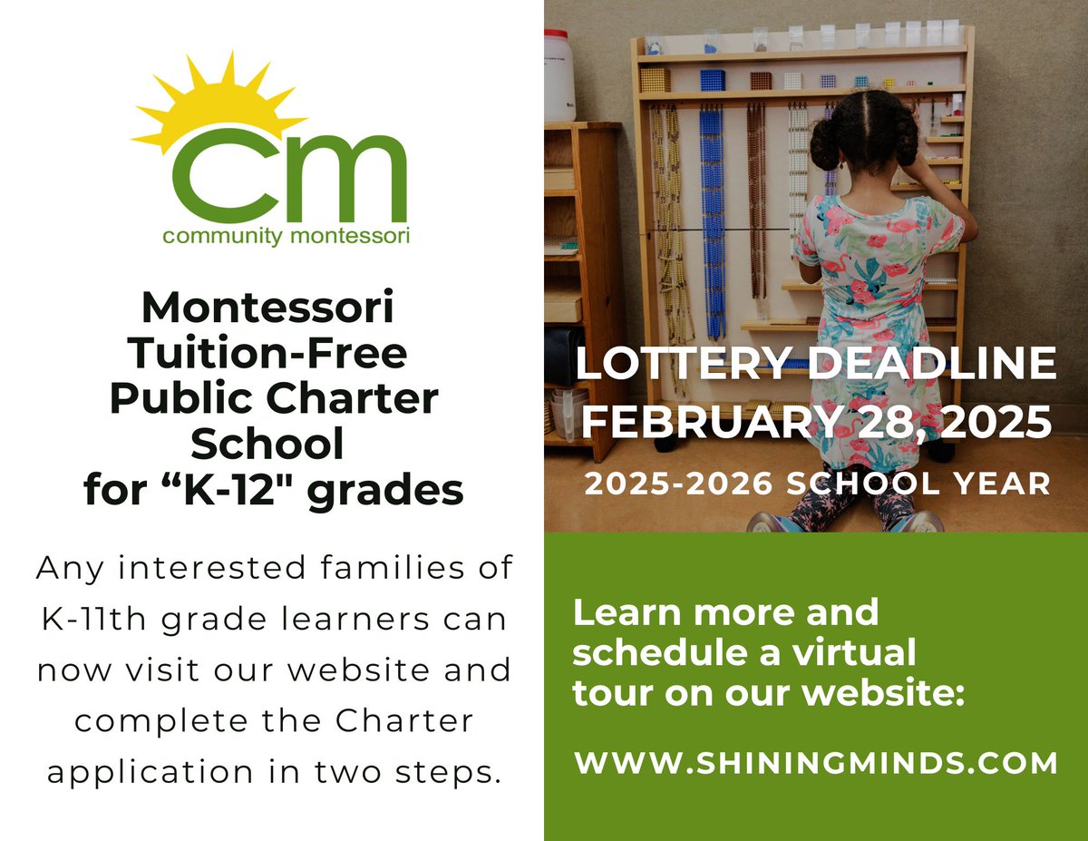 shiningmindsCM's tweet photo. Ready to join the Community Montessori family?  Applications for the 2025-2026 school year are open! Learn more about our programs, take a virtual tour, and complete your application today at https://t.co/qPG93QXmKn https://t.co/L1HG3laifw