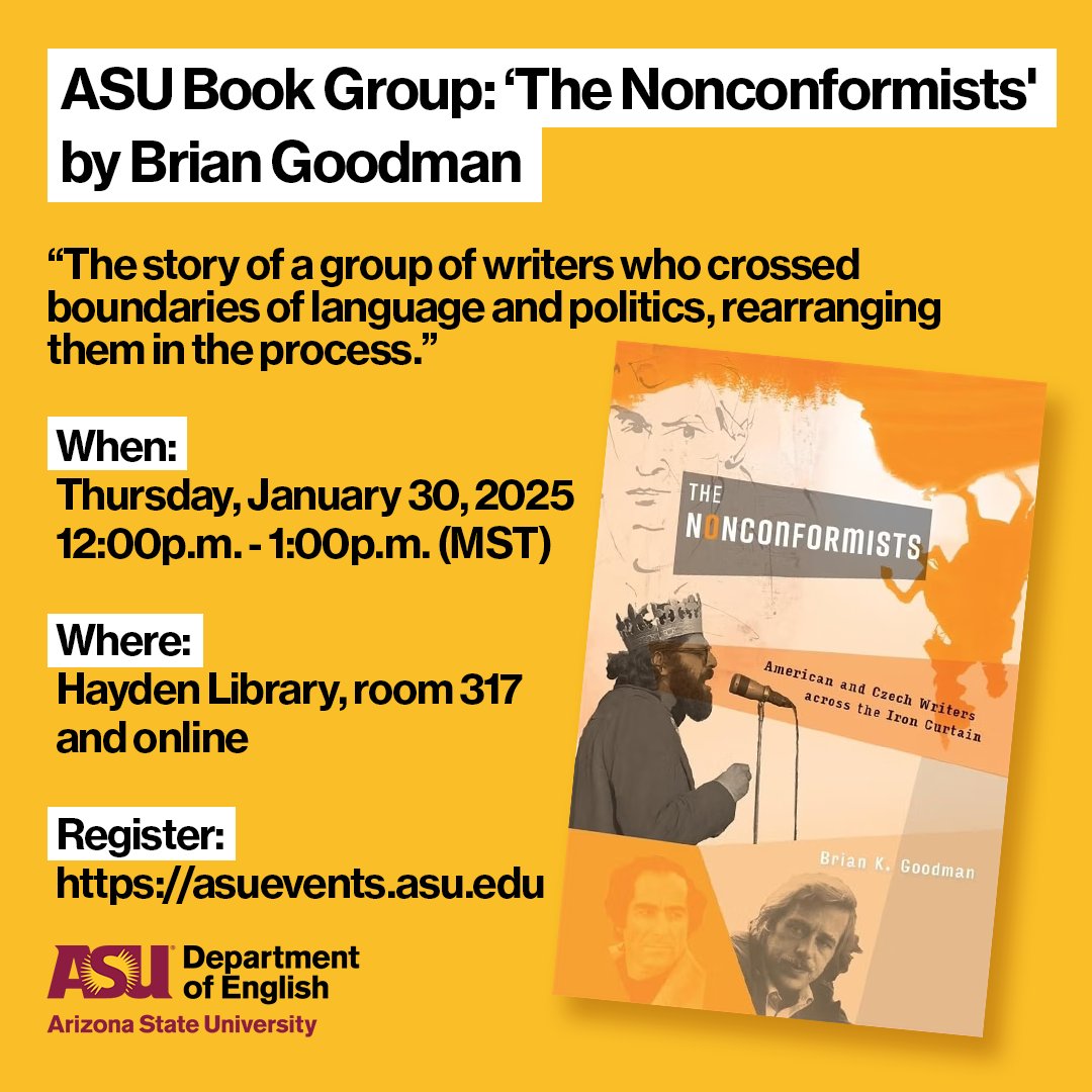 Join us Thu. 1/30 at Noon (AZ time) for an <a href="/ASU/">Arizona State University</a> Book Group discussion of prof. <a href="/BrianKGoodman/">Brian K. Goodman</a>'s award-winning book "The Nonconformists" (<a href="/Harvard_Press/">Harvard University Press</a>). All welcome! Hayden Library 317, Tempe campus &amp; online. 

Register: ow.ly/yFlU50ULqyI #ASUHumanities 
CC: <a href="/ASULibraries/">ASU Library</a>