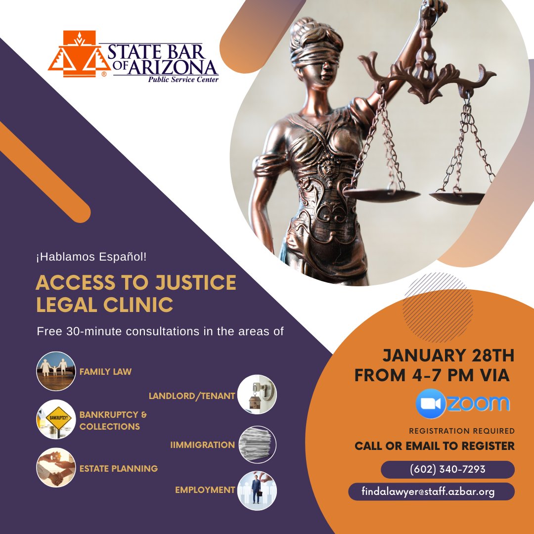 State Bar of Arizona (@azstatebar) on Twitter photo Sign up for our virtual Access to Justice Legal Clinic tomorrow. Sit down with a legal professional and get answers to your questions in the areas of family law, landlord/tenant, employment, immigration, bankruptcy, and estate planning. Register: findalawyer@staff.azbar.org. Sign up for our virtual Access to Justice Legal Clinic tomorrow. Sit down with a legal professional and get answers to your questions in the areas of family law, landlord/tenant, employment, immigration, bankruptcy, and estate planning. Register: findalawyer@staff.azbar.org.