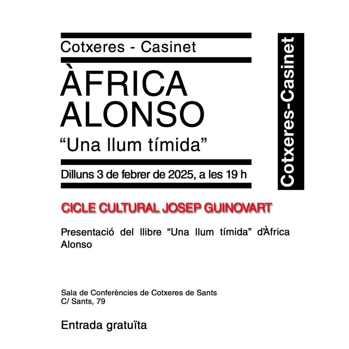 Seix Barral (@seix_barral) on Twitter photo 📅 AGENDA
Àfrica Alonso presentará ‘Una luz tímida’ en Barcelona. ¡Te esperamos!
📅 Lunes, 3 de febrero.
⏰ 19:00 h.
🎤 Sala de conferències Cotxeres, <a href="/CotxeresCasinet/">Casinet-Cotxeres</a>.
+ℹ️ s.mtrbio.com/tvuozmwyhb
<a href="/AafricaAlonso/">Africa Alonso Bada</a> #UnaLuzTímida #SeixBarral 📅 AGENDA
Àfrica Alonso presentará ‘Una luz tímida’ en Barcelona. ¡Te esperamos!
📅 Lunes, 3 de febrero.
⏰ 19:00 h.
🎤 Sala de conferències Cotxeres, <a href="/CotxeresCasinet/">Casinet-Cotxeres</a>.
+ℹ️ s.mtrbio.com/tvuozmwyhb
<a href="/AafricaAlonso/">Africa Alonso Bada</a> #UnaLuzTímida #SeixBarral