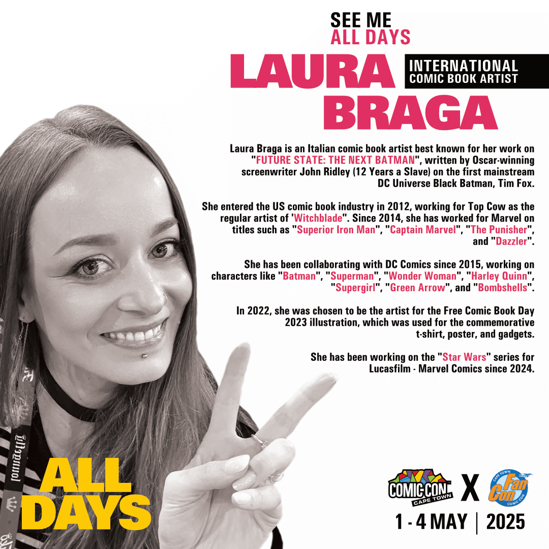 International guest announcement ! LAURA BRAGA !
The amazing Italian artists well known for her work on Batman, Harley Quinn, Bombshells, Star Wars Ewoks, Betty and Veronica, and loads more. Come meet <a href="/LauraBraga_art/">Laura Braga</a>  <a href="/ComicConCPT/">Comic Con Cape Town</a>  1-4 May 2025 CTICC 2