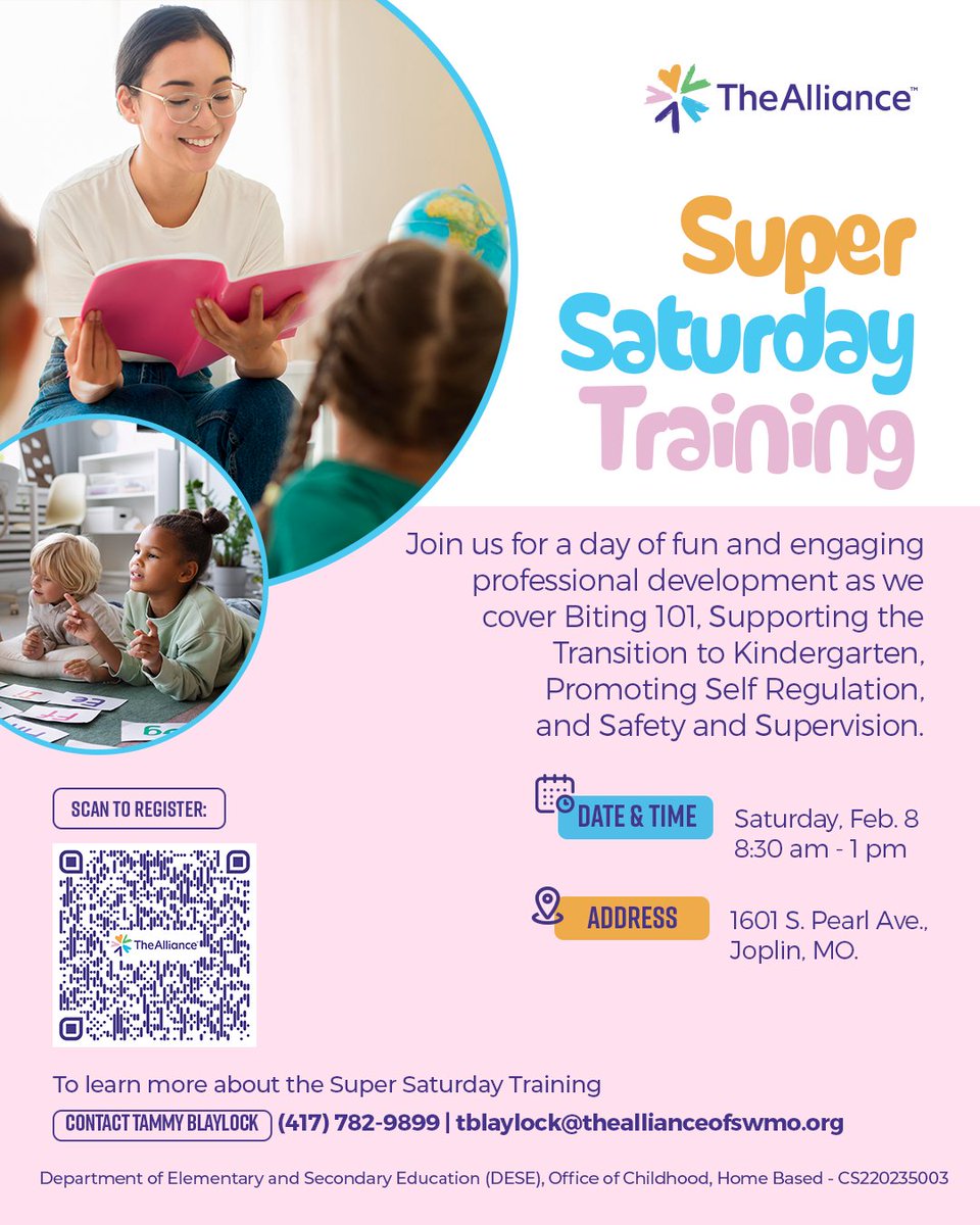 This exciting session will cover essential topics to help you support children effectively, from promoting self-regulation to ensuring safety and supervision.
Saturday, Feb. 8 | 8:30 AM - 1 PM
Location: 1901 S. Pearl Ave, Joplin, MO
#supersaturdaytraining #early #learning