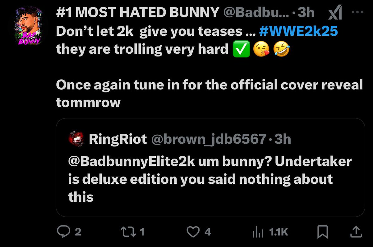 WWE2KDebunker's tweet photo. “Don’t worry guys the other editions will be Bloodline related! Don’t believe WWE Games!”

This retard is really saying that the OFFICIAL SOURCE is lying to us 😂 We all know the standard edition is Roman by the way. This might be the quickest Bunny is outed as a fake 😭😂 https://t.co/3dUxOaQqb9