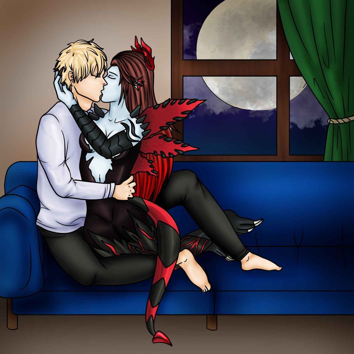 Sitting on the young man's lap, Hakai wraps her arms around Canis' neck, pressing herself against his body as they kiss.❤️

Artowrk done by <a href="/foxlorekeeper/">𝔻𝕖𝕒𝕟𝕒 𝔼𝕝𝕚𝕛𝕒𝕙</a>
Commission done for <a href="/volcanolord72/">Volcanolord (commission requests closed)</a> 

#kiss #love #hakai #canis #art #commission #Hearts2Hearts #oc #Vtuber