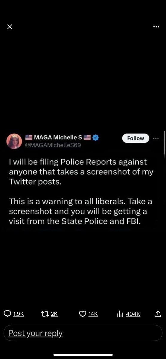 Waiting for you, <a href="/MAGAMichelleS69/">🇺🇸 MAGA Michelle S 🇺🇸</a>   Bring on the state police. Oh, wait, shall I tell you what state I’m in first? But the FBI, I’ve never met one, so thanks for the chance!!!