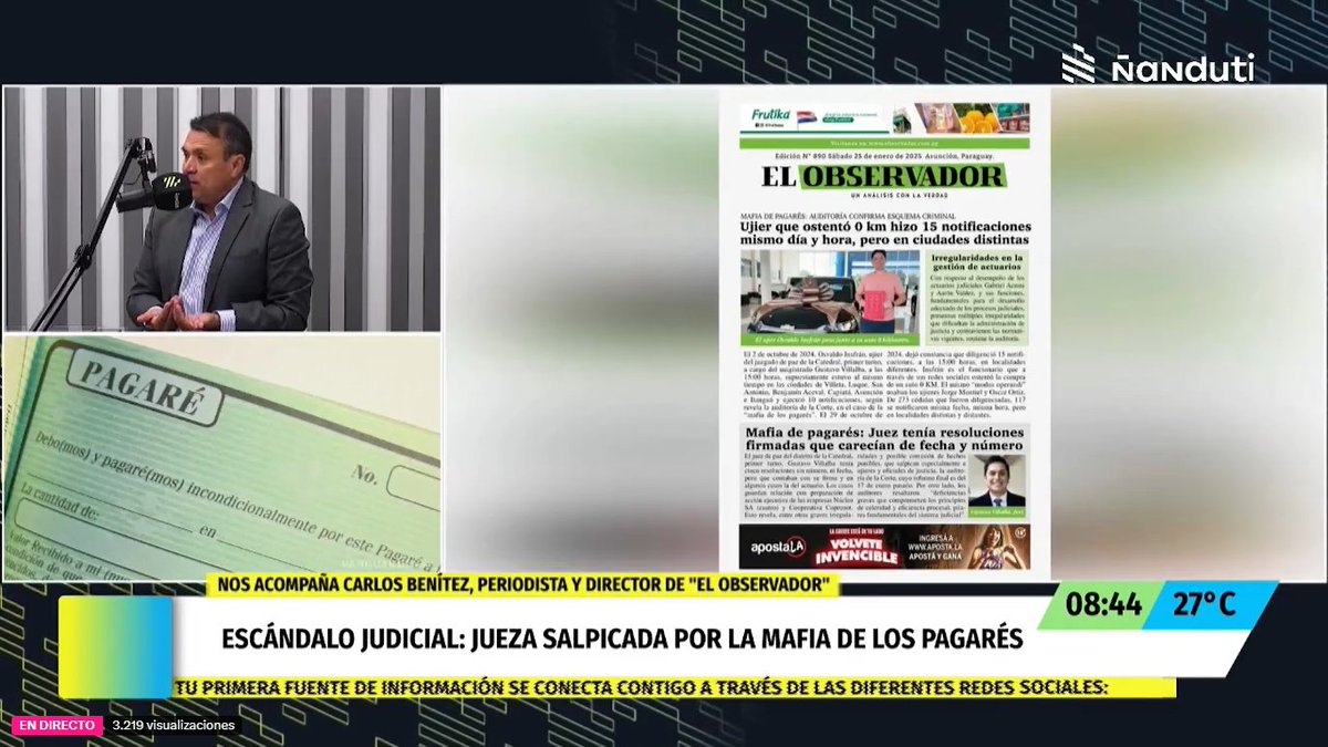 🟩<a href="/carlospybenitez/">Carlos J Benítez</a> analiza, en el programa Franja Roja emitido por <a href="/nanduti/">Radio Ñandutí</a>, las últimas novedades sobre el caso "mafia de los pagarés" y los resultados de las auditorías practicadas a los juzgados de Paz de la capital. 
🟩Podes seguir en: x.com/i/broadcasts/1…
