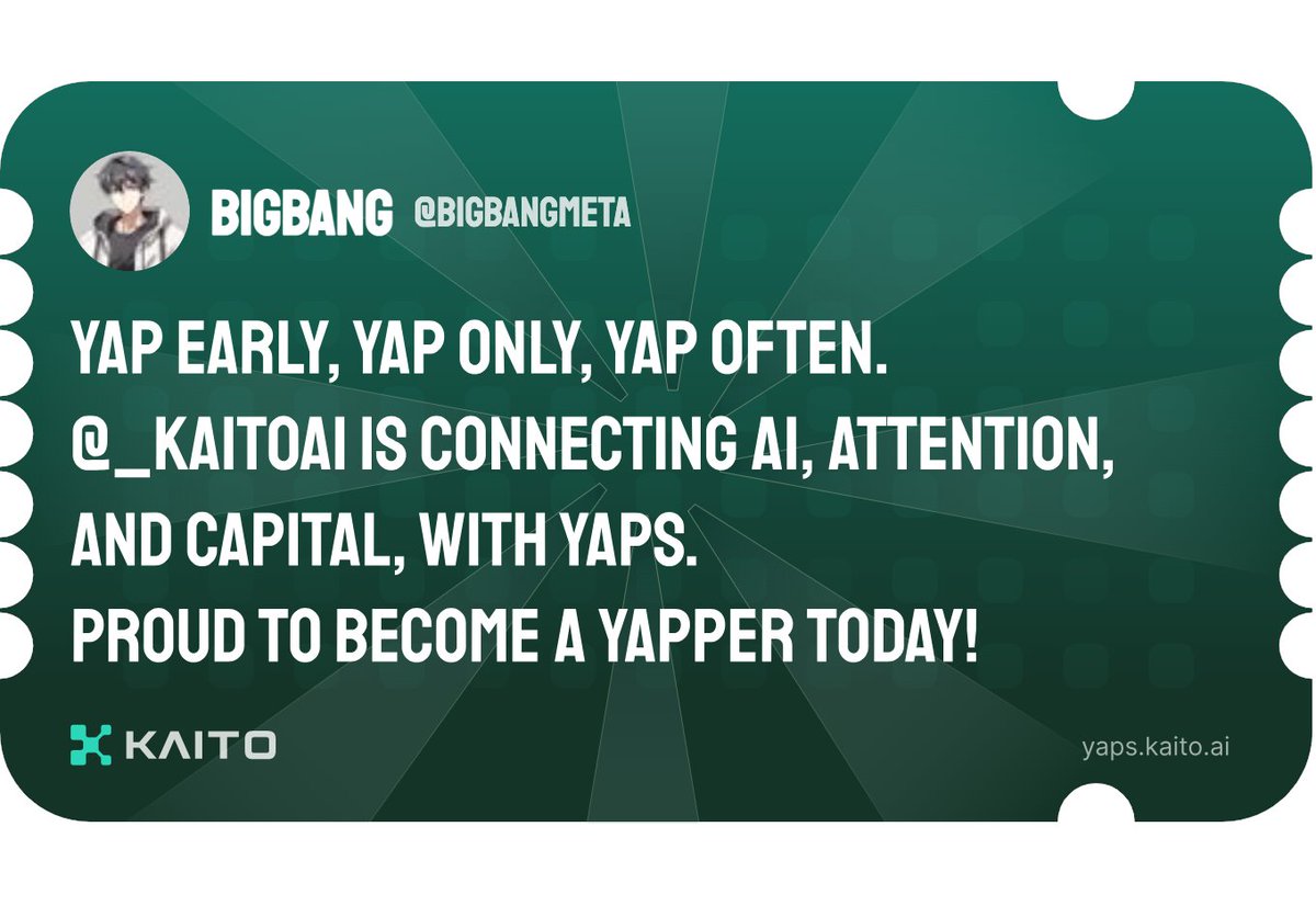 Yap early, yap only, yap often.

@_kaitoai is connecting AI, attention and capital with Yaps.

Just claimed my social card and I'm accumulating Yap points in real-time.

Claim yours 👉 yaps.kaito.ai/referral/14824…