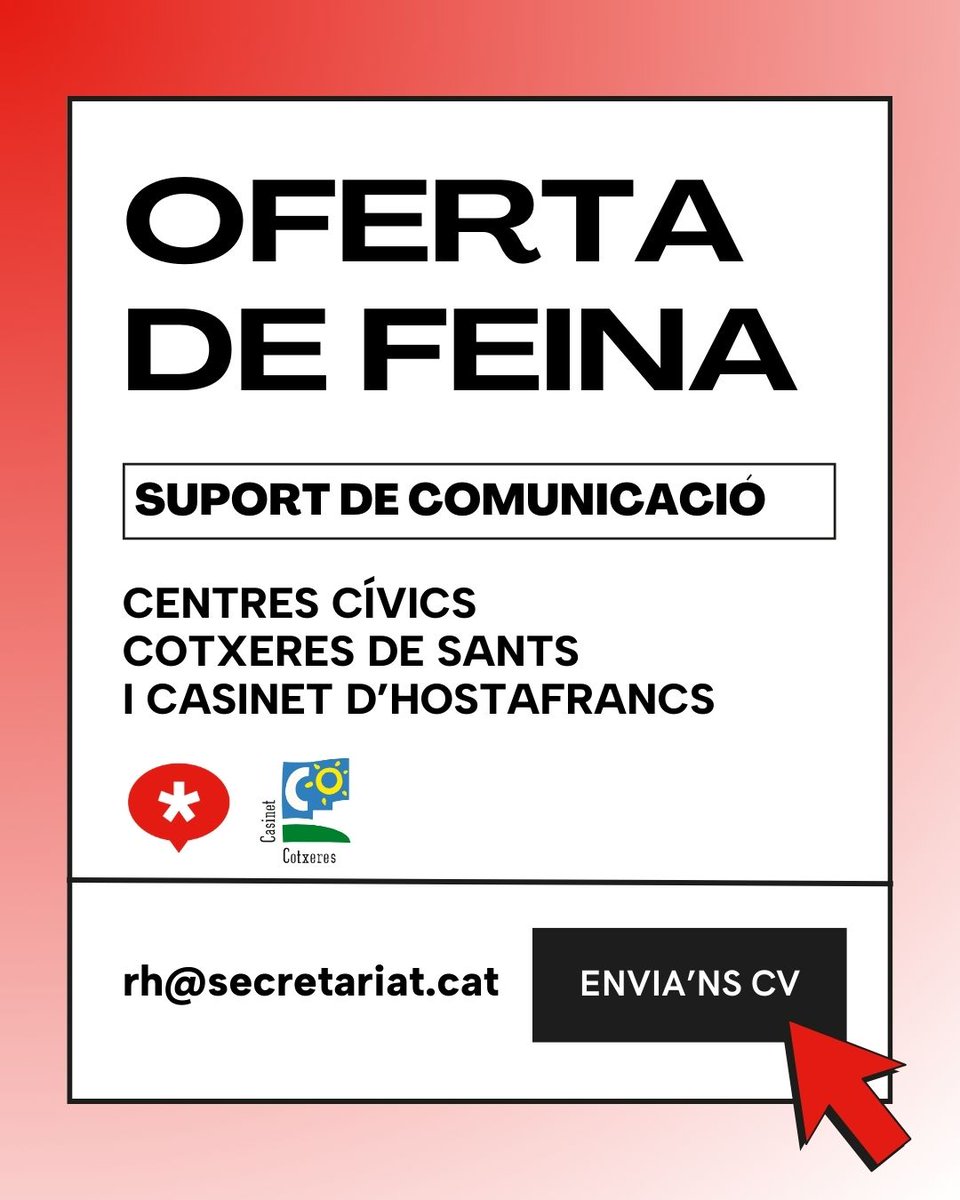 secretariat_shb's tweet photo. 📢Oferta de feina!
Hi ha una vacant per fer suport a l'àrea de comunicació de @CotxeresCasinet, esperem els vostres CV!
📅Fins al 16 de febrer
📲Info requisits i condicions https://t.co/7cdKiS7rEh https://t.co/K8muAErqcJ