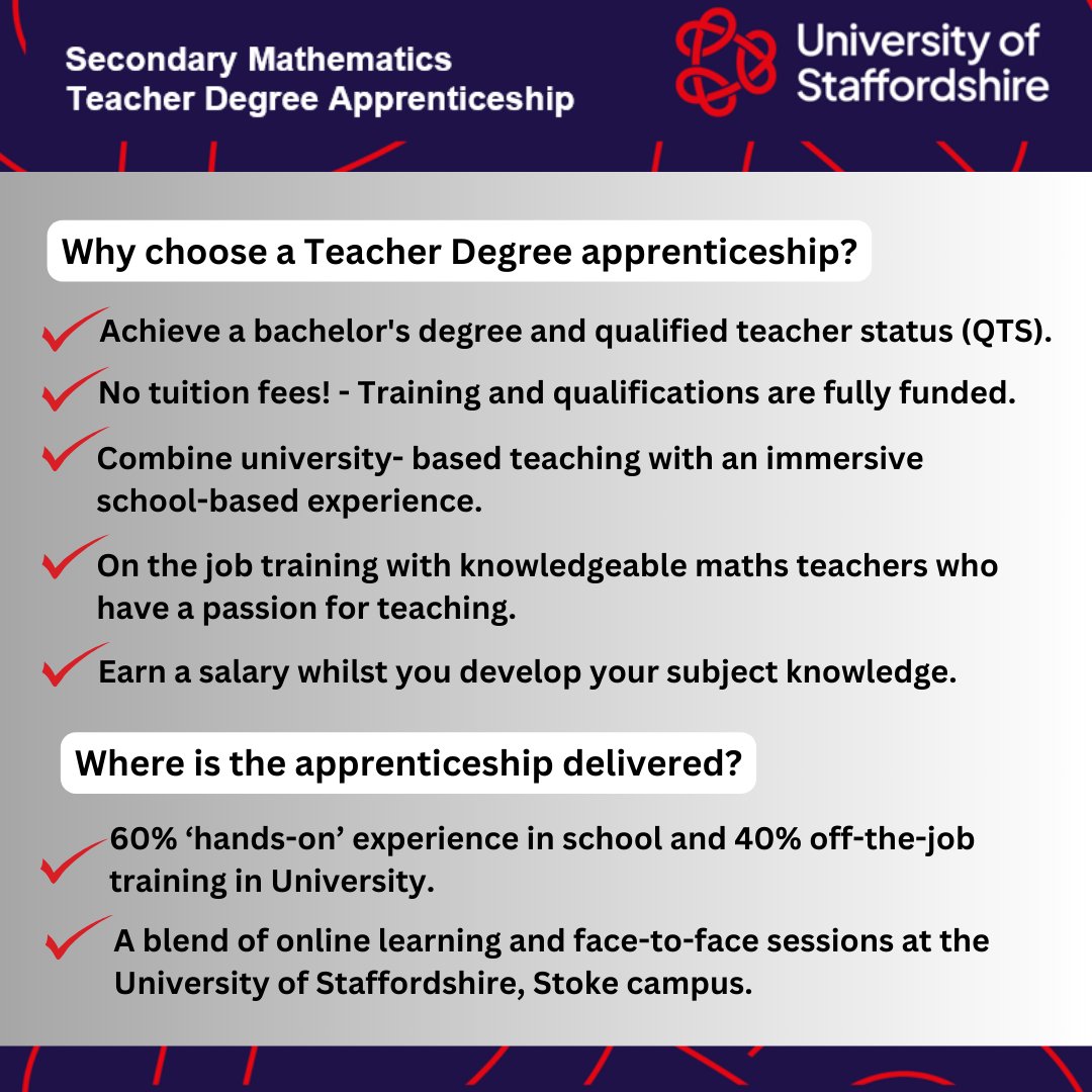 GoldenThreadTSH's tweet photo. Applications open for @StaffsUniIOE 4 year Secondary Maths Teacher Degree Apprenticeship. Please visit https://t.co/4VVQFsSwm5 for more information or complete the enquiry form https://t.co/VM5zFGOtOn
#MathsTeacher #TeacherTraining #Staffordshire https://t.co/qHGFp4xAwR