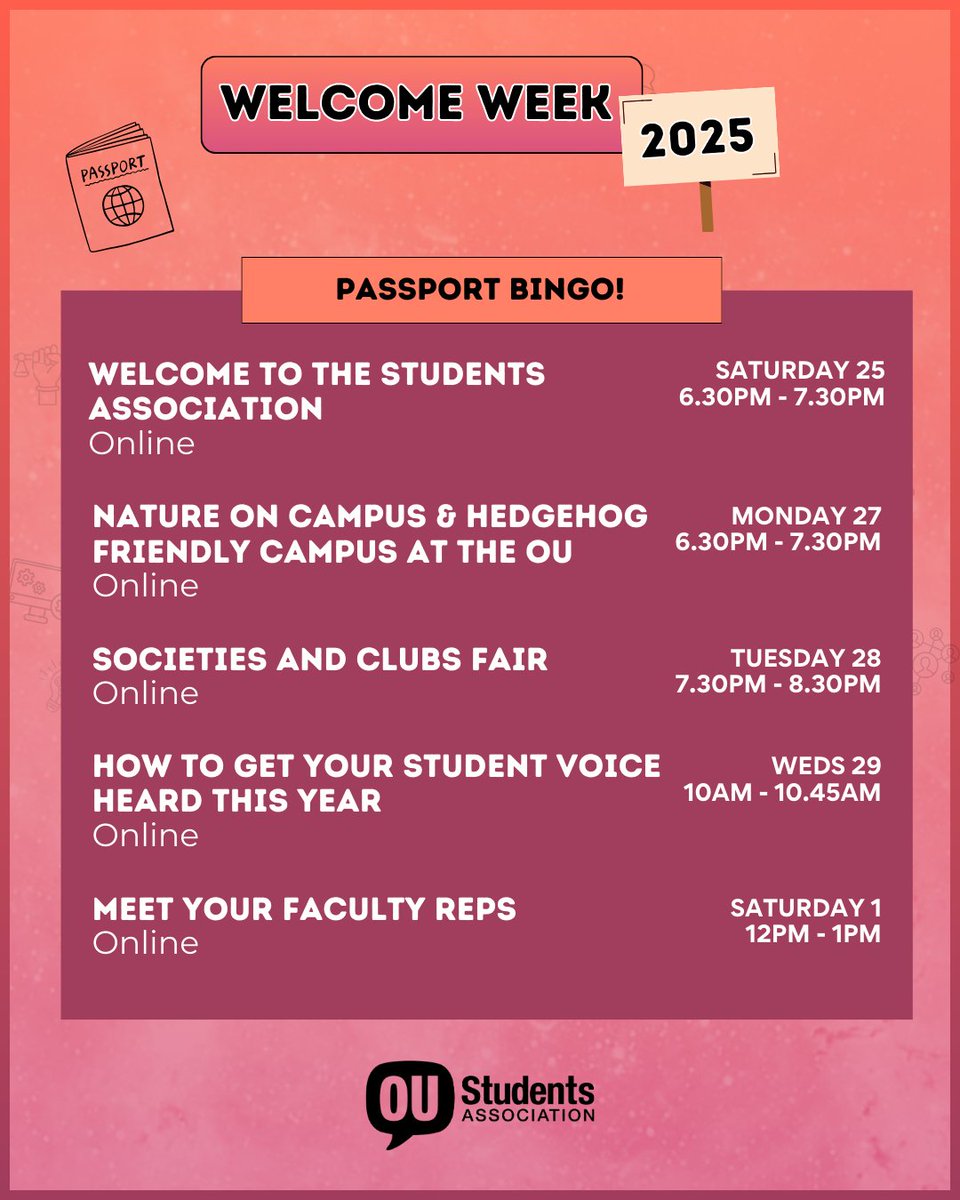 Don't forget about the Welcome Week competitions we've got going on! Be in with a chance to win a Kindle by entering the Passport Bingo prize draw. Come along to key sessions and collect secret phrases - each phrase is an entry!  

🔗 oustudents.co/3WyxwAu