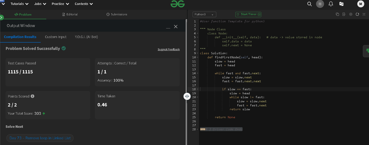 mansik0905's tweet photo. Day 69/160 #gfg160 #geekstreak2025 #geekstreak2024 #womeintech. today i solved the question of FIND THE FIRST NODE OF LOOP IN LINKED LIST. #PYTHON https://t.co/sQv58BxV38