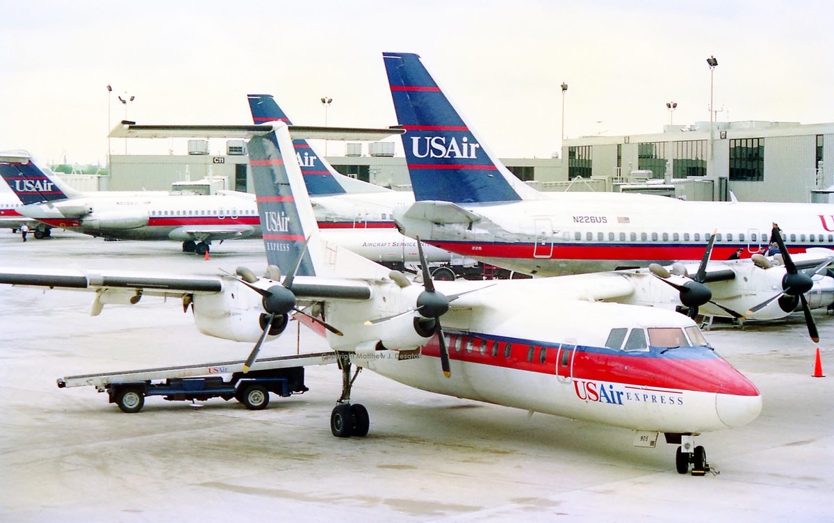 n194at's tweet photo. US Air Express (Piedmont Airlines)
DHC 7-102 Dash 7 N905HA
PHL/KPHL Philadelphia Intl Airport
Date: 1994
Photo credit Matthew J. Destatoff 
#AvGeek #Aviation #Airline #AvGeeks #DHC #Dash7 #PiedmontAirlines #USAirExpress #PHL @PHLAirport #Philadelphia https://t.co/lHXfZDOqAW
