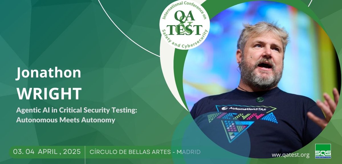 QATESTMadrid's tweet photo. Jonathon Wright , during his talk "Agentic AI in Critical Security Testing: Autonomous Meets Autonomy", will explores how Agentic #AI empowers automation engineers to build resilient frameworks that balance innovation with #sustainability. 
#qatest #cybersecurity #software https://t.co/C1ZTMiORKN