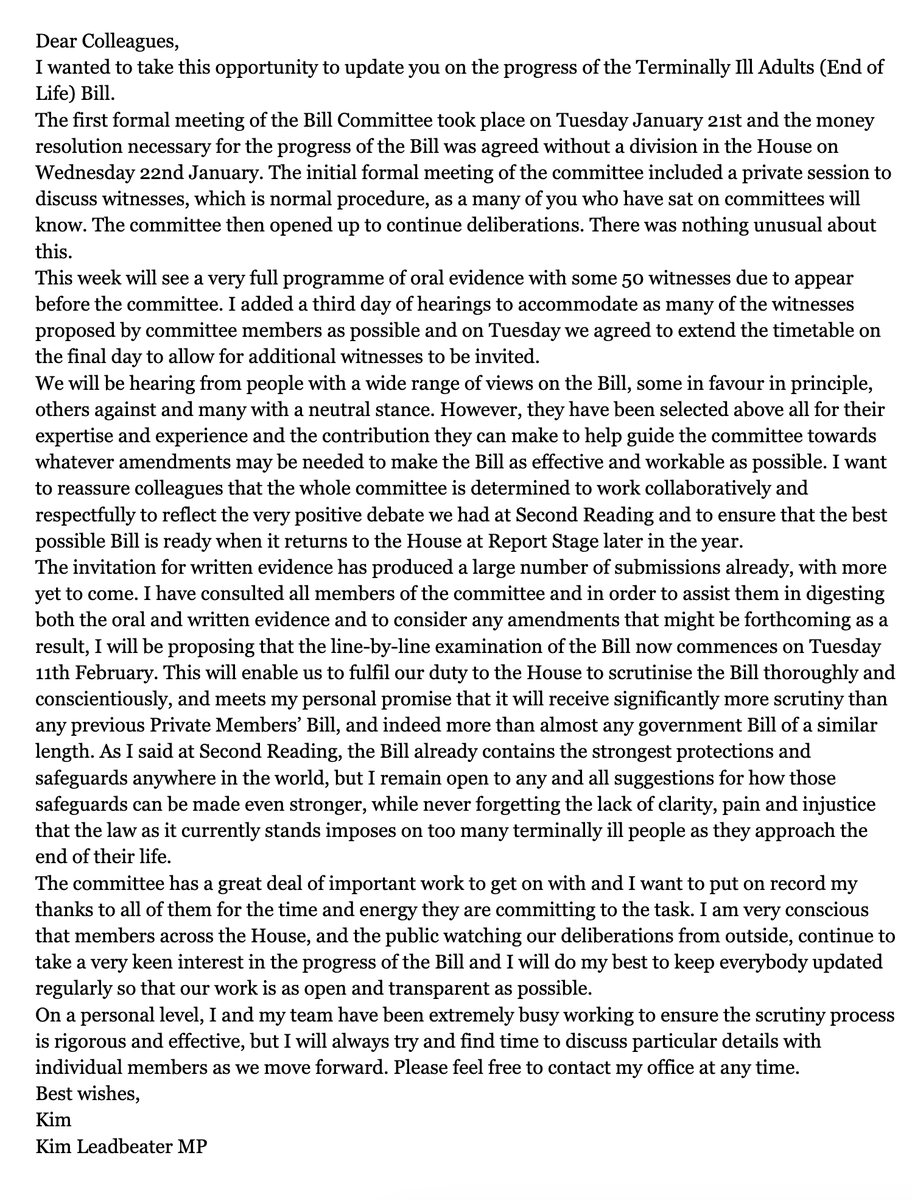 NEW - Kim Leadbeater writes to all MPs today, ahead of the assisted dying committee beginning public hearings tomorrow.

She says she has extended the time MPs can consider written submissions because of the volume that has been received.