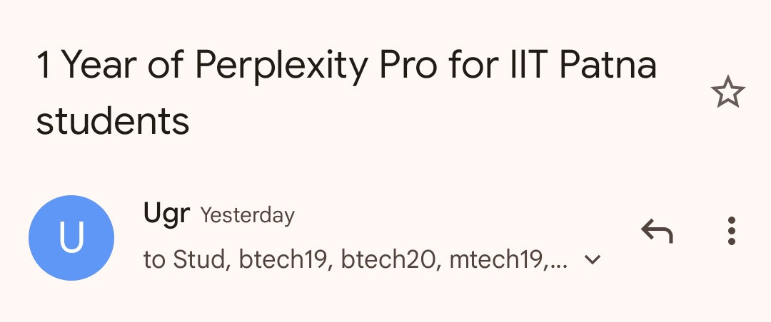 manish_torq's tweet photo. @WithLoveBihar @AravSrinivas @IITPAT Wrong info. Yesterday I got the mail regarding free perplexity pro🎉 https://t.co/QtnhRIQANd