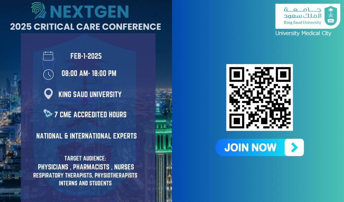 ksumedicalcity's tweet photo. #دعوة | ✉️

يسُر قسم العناية المركزة في #المدينة_الطبية_الجامعية بجامعة الملك سعود
دعوتكم لحضور مؤتمر :
”
NEXTGEN CRITICAL CARE  CONFERENCE 2025 “

التفاصيل في المرفق 👇🏻 https://t.co/3Mm0pwlxJi