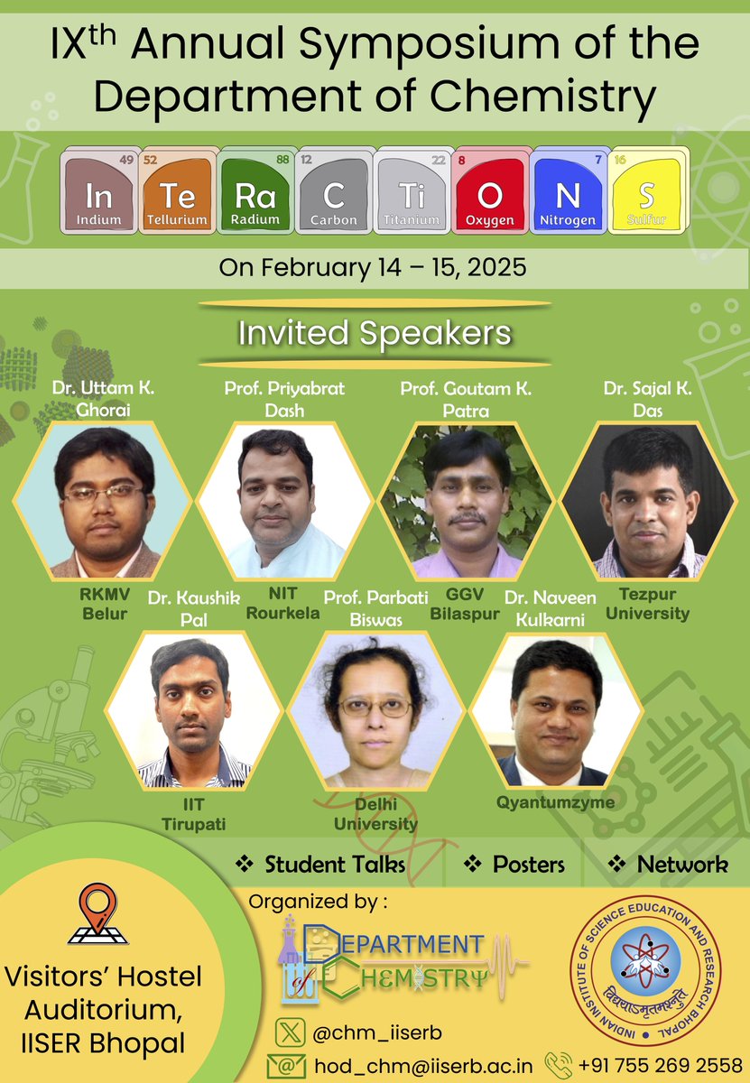 Dept of Chemistry, IISER Bhopal (@chm_iiserb) on Twitter photo The Department of Chemistry of IISER Bhopal is going to organize the IXth Annual Symposium "InTeRaCTiONS-2025" on February 14-15, 2025. Looking forward to engaging scientific discussions at the frontiers of chemistry. <a href="/chm_iiserb/">Dept of Chemistry, IISER Bhopal</a> <a href="/iiserbhopal/">IISER Bhopal</a> The Department of Chemistry of IISER Bhopal is going to organize the IXth Annual Symposium "InTeRaCTiONS-2025" on February 14-15, 2025. Looking forward to engaging scientific discussions at the frontiers of chemistry. <a href="/chm_iiserb/">Dept of Chemistry, IISER Bhopal</a> <a href="/iiserbhopal/">IISER Bhopal</a>