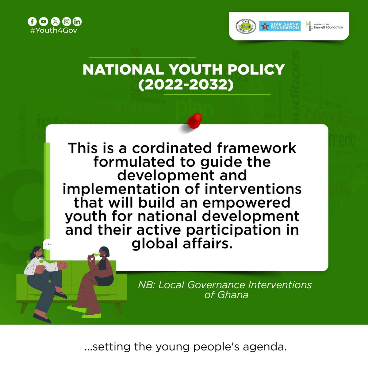 The National Youth Policy (2022-2032) provides a coordinated framework to drive initiatives that enable young people to thrive in national development and global affairs.

Let’s empower the present generation to lead!

#Youth4Gov #CMGhana