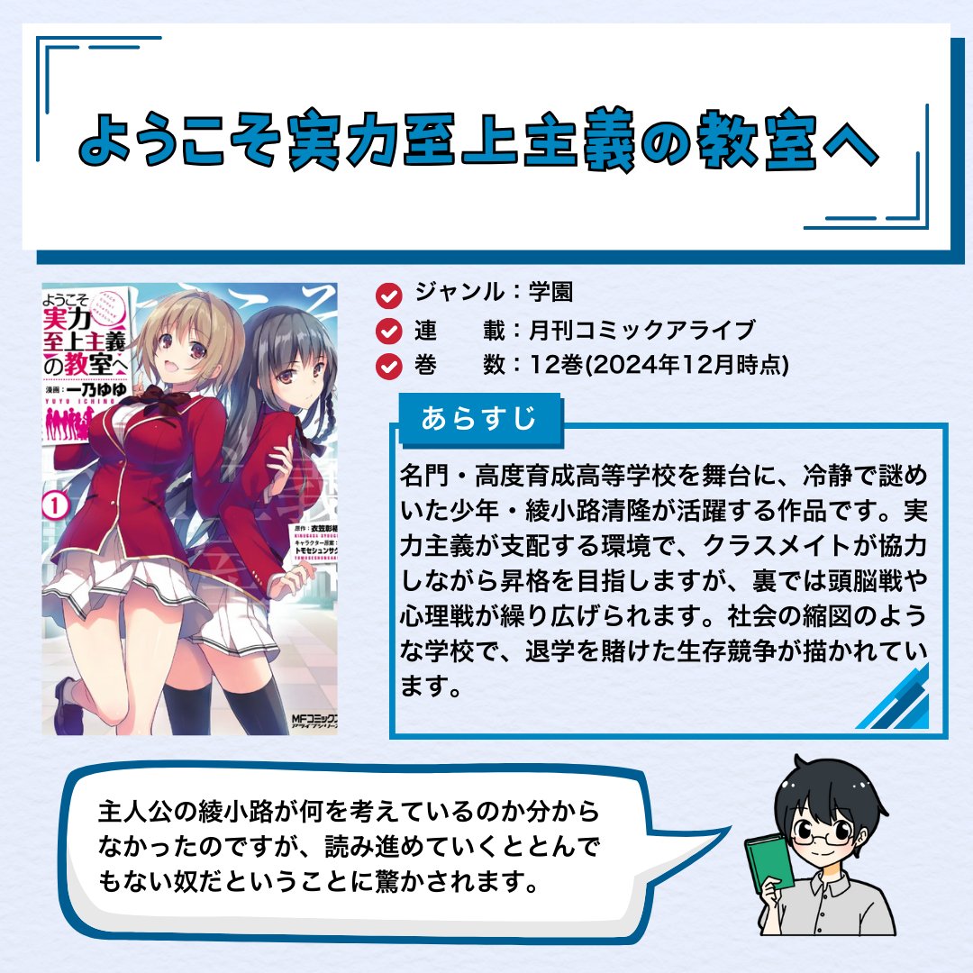 comy_manga's tweet photo. 【主人公が最強の漫画4選】

✅ワンパンマン
✅転生したらスライムだった件
✅マッシュル
✅ようこそ実力至上主義��教室へ

#アニメ好きと繋がりたい
#漫画好きと繋がりたい https://t.co/ghFWU0Ebrm