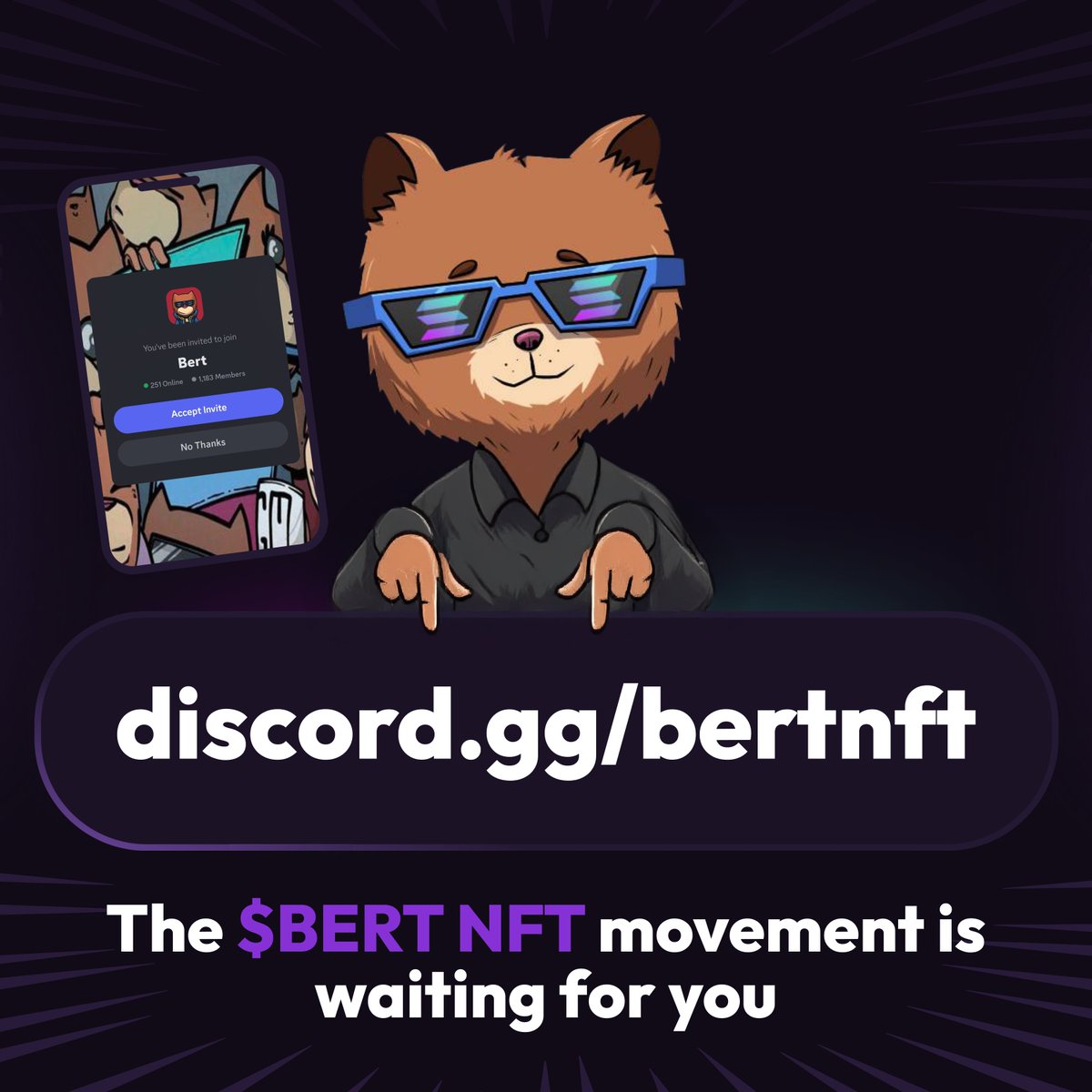 Don’t let the $BERT NFT train leave without you.

Want the latest updates, early info, sneak peeks of the collection, and a chance to connect with an amazing community? 🐾

Our Discord is the place to be.