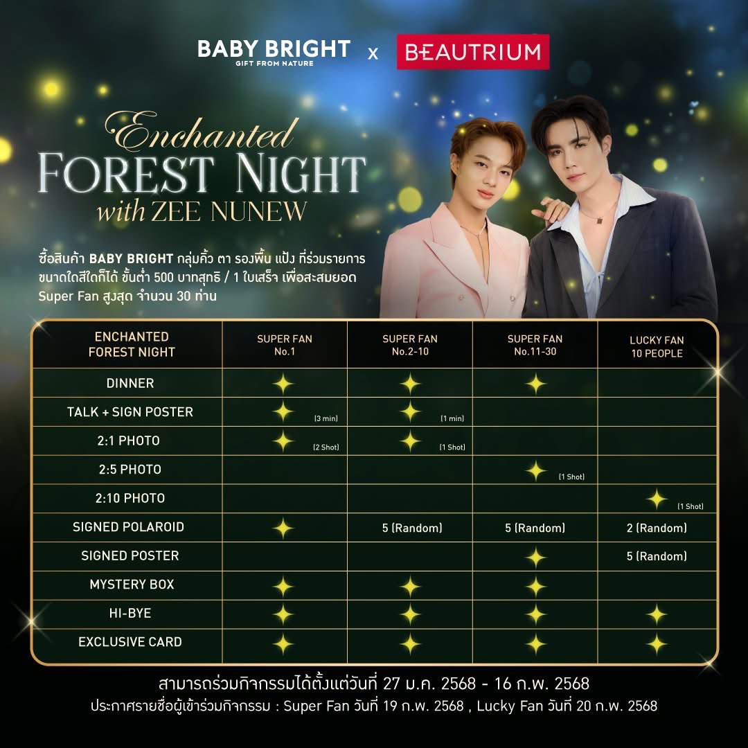 BABY BRIGHT x BEAUTRIUM ชวนชาวซนซน ร่วมรับประทานอาหารมื้อพิเศษไปกับ #ZeeNuNew ในบรรยากาศแสนโรแมนติกท่ามกลางแสงหิ่งห้อยระยิบระยับ พร้อม Special Menu จากเชฟชื่อดังระดับประเทศ กับกิจกรรม “Enchanted Forest Night With Zee NuNew” ที่จะสร้างความสุขและได้ใกล้ชิดกับศิลปินคนโปรด 🤟🏼ในวันที่