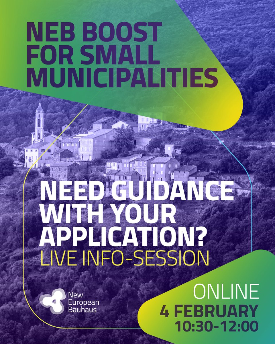 Are you preparing your application for the #NewEuropeanBauhaus Boost for Small Municipalities call?
Don’t miss the info seminar:
🗓️ Tuesday, 4 February
⌚️ 10:30–12:00 CET
💻 Online
with <a href="/cllrkmac/">Cllr Kieran McCarthy</a> <a href="/mrossemp/">Marcos Ros Sempere</a> <a href="/VWinthagen/">vera winthagen</a>
Tune in: 👉 europa.eu/!MhXVt9