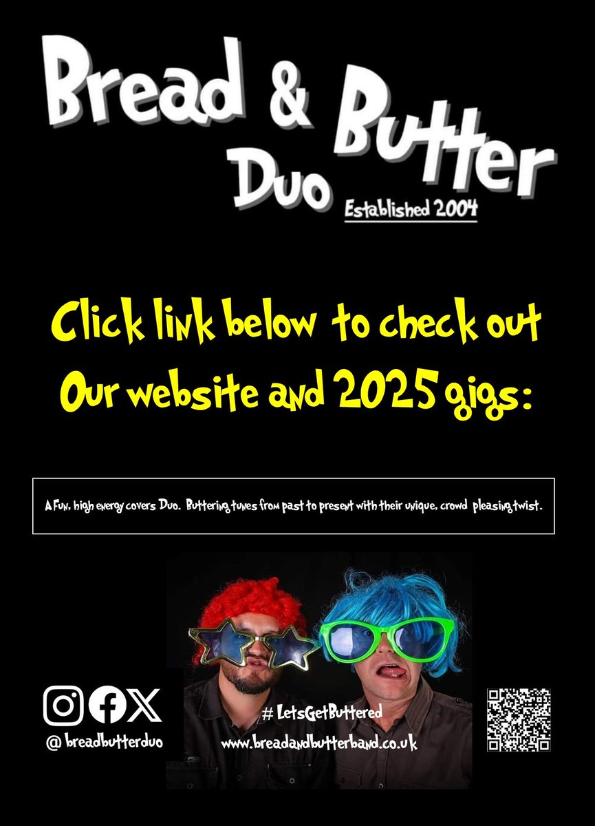 BreadButterDuo's tweet photo. Here's a link to our website and 2025 gigs. 👇

https://t.co/S8EPEiSAMv

We look forward to seeing you at our gigs and #gettingbuttered https://t.co/H9i5yp9Jd2