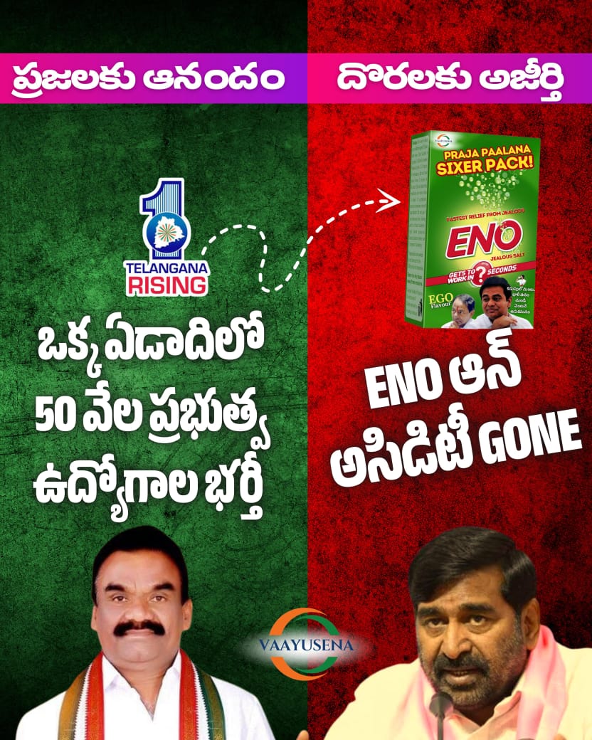 Kranthi4kranthi's tweet photo. ఒక్క ఏడాదిలో
50 వేల ప్రభుత్వ ఉద్యోగాల భర్తీతో..

నిరుద్యోగులకు ఆనందం.. దొరలకు అజీర్తి..

ఓ దొరా..
ENO తాగు..
EGO వదిలేయ్..
#TelanganaRising
#DigestTheGrowth https://t.co/EbxlfjbH6Y