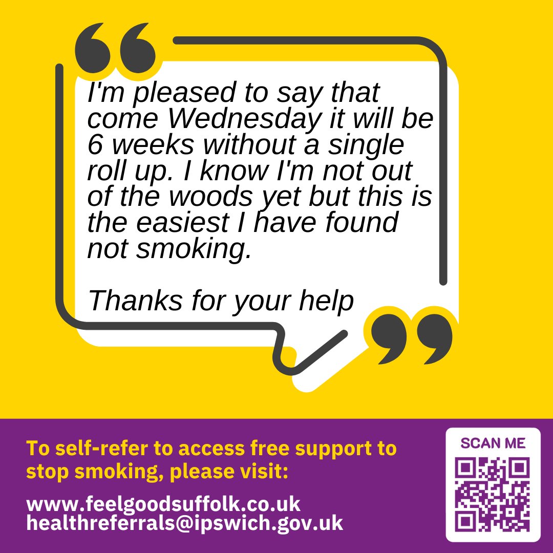 🚭 Ready to quit smoking? Join our FREE 6-week programme in Ipswich for expert support, tips, and aids! 📅 Starts Tuesday 21 Jan, 11am–12pm, Ransomes Sports Pavilion. Email healthreferrals@ipswich.gov.uk to book! feelgoodsuffolk.co.uk