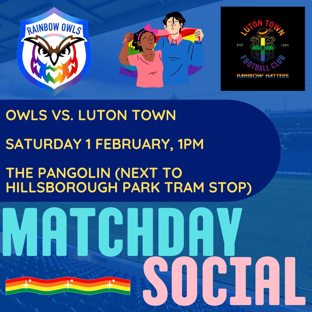 Rainbow Owls (@lgbt_owls) on Twitter photo Our next #swfc matchday social is on Saturday! π
We'll be meeting at The Pangolin, based right next to Hillsborough Park tram stop, from 1pm for pre-match drinks before the Luton game. π»π₯€
<a href="/RainbowHatters/">RainbowHatters π³οΈβππ³οΈββ§οΈ</a> have also been invited to this social, so it should be a great meet! π Our next #swfc matchday social is on Saturday! π
We'll be meeting at The Pangolin, based right next to Hillsborough Park tram stop, from 1pm for pre-match drinks before the Luton game. π»π₯€
<a href="/RainbowHatters/">RainbowHatters π³οΈβππ³οΈββ§οΈ</a> have also been invited to this social, so it should be a great meet! π