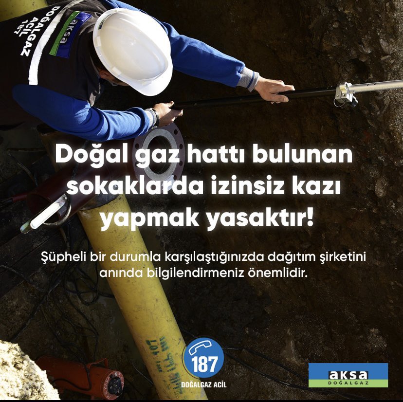 Doğal gaz hattı bulunan sokaklarda izinsiz kazı yapmak yasaktır.
Şüpheli bir durumla karşılaşılması halinde dağıtım şirketinin bilgilendirilmesi önemlidir. 

#bilgilendirme #aksadoğalgaz