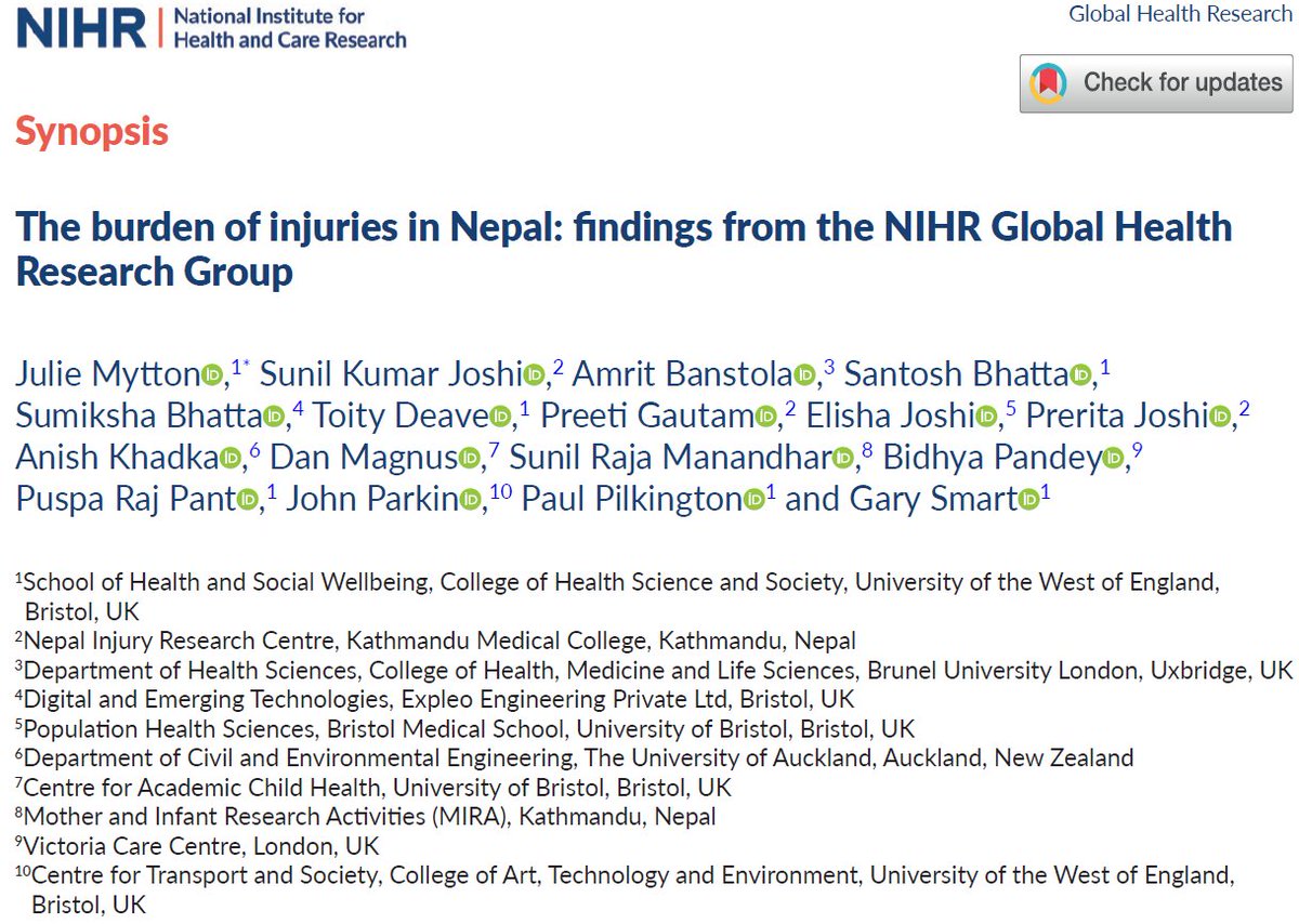 Santosh Bhatta, PhD (@bhatta111) on Twitter photo NIRC synopsis paper is published 😊 The burden of injuries in Nepal: findings from the NIHR Global Health Research Group. journalslibrary.nihr.ac.uk/ghr/published-…
<a href="/UWE_Research/">Research from UWE Bristol</a> <a href="/PublicHealthUWE/">UWE Public Health</a> <a href="/NIRC_Nepal/">Nepal Injury Research Centre</a> NIRC synopsis paper is published 😊 The burden of injuries in Nepal: findings from the NIHR Global Health Research Group. journalslibrary.nihr.ac.uk/ghr/published-…
<a href="/UWE_Research/">Research from UWE Bristol</a> <a href="/PublicHealthUWE/">UWE Public Health</a> <a href="/NIRC_Nepal/">Nepal Injury Research Centre</a>
