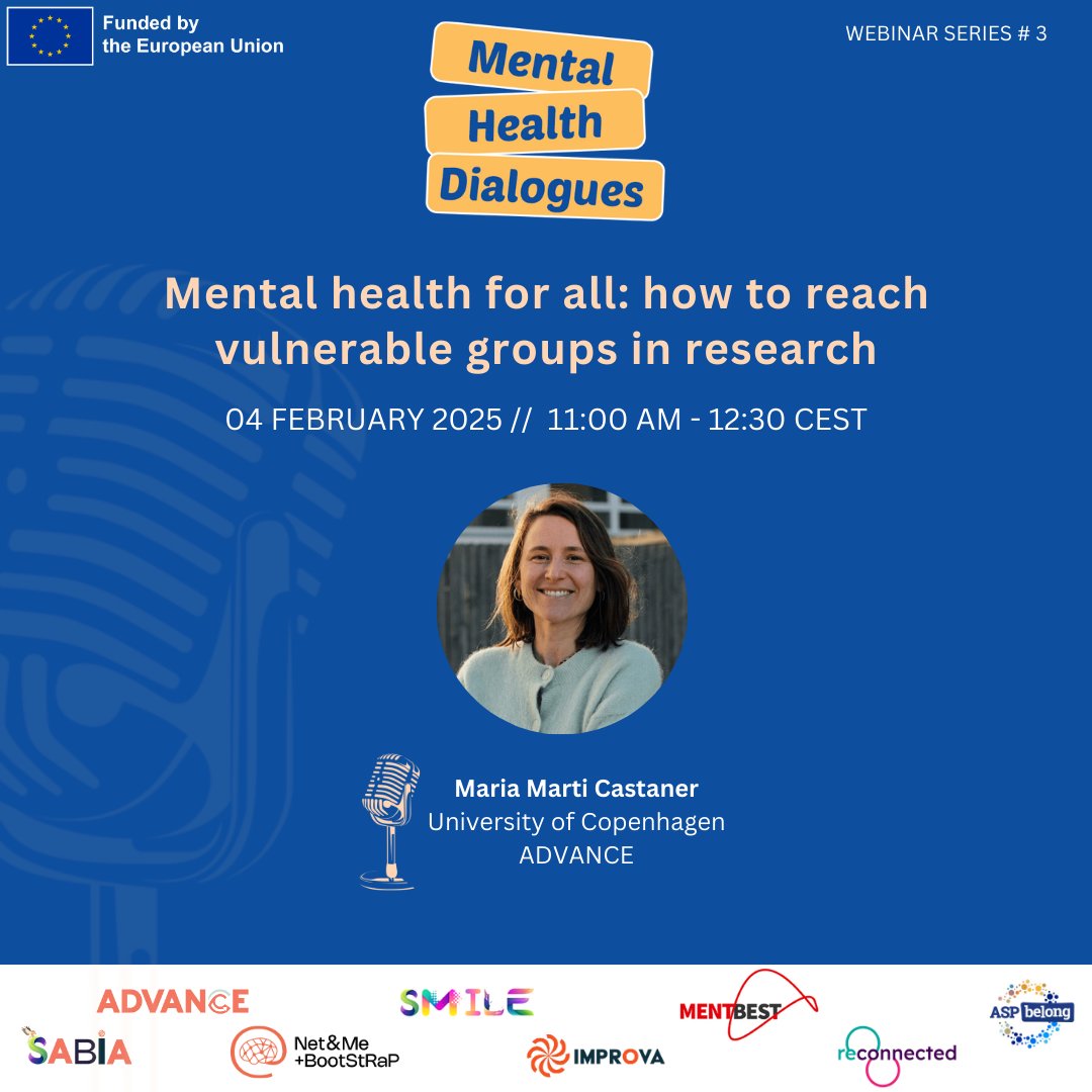 Maria Marti Castaner is representing ADVANCE on Feb 4 (11AM) at the Mental Health Dialogues! In this webinar, we will discuss the best practices in collaborating with people in vulnerable situations when it comes to #mentalhealth research. 

Register here: ucph-ku.zoom.us/webinar/627515…
