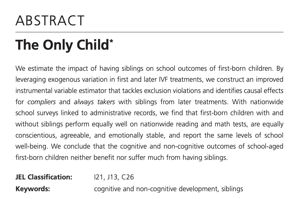 Julius Ilciukas (@juliusilciukas) on Twitter photo More children than ever grow up without siblings. Does this affect their development? We find that siblings have little impact on first-borns' cognitive development and personality. New working paper with <a href="/PetterLundborg/">Petter Lundborg</a>, Erik Plug, and <a href="/AstridWurRas/">Astrid Würtz Rasmussen</a>: docs.iza.org/dp17641.pdf More children than ever grow up without siblings. Does this affect their development? We find that siblings have little impact on first-borns' cognitive development and personality. New working paper with <a href="/PetterLundborg/">Petter Lundborg</a>, Erik Plug, and <a href="/AstridWurRas/">Astrid Würtz Rasmussen</a>: docs.iza.org/dp17641.pdf