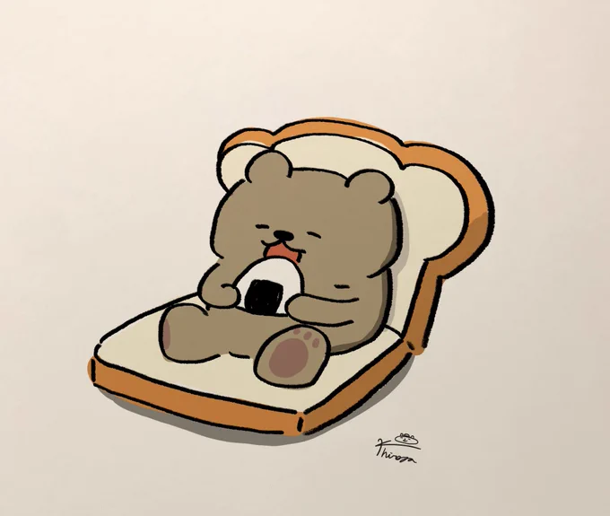 パンの椅子でおにぎりを食べる。 