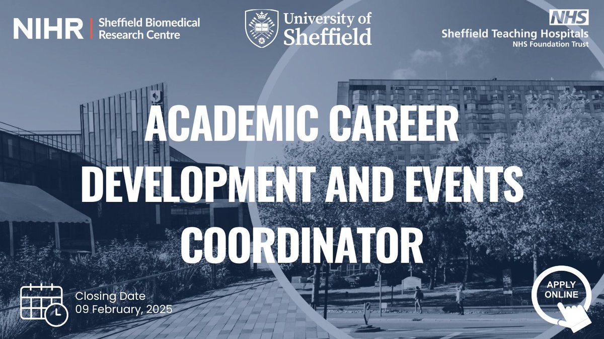 NIHR Sheffield Biomedical Research Centre (@sheffieldbrc) on Twitter photo Would you like to join the <a href="/SheffieldBRC/">NIHR Sheffield Biomedical Research Centre</a> team?
We are looking for someone to support the delivery of our training programmes, increase research capacity, and deliver BRC events across the partnership!
📅 Closes: 9th Feb
🔗 Find out more and apply here: bit.ly/4avZcfh Would you like to join the <a href="/SheffieldBRC/">NIHR Sheffield Biomedical Research Centre</a> team?
We are looking for someone to support the delivery of our training programmes, increase research capacity, and deliver BRC events across the partnership!
📅 Closes: 9th Feb
🔗 Find out more and apply here: bit.ly/4avZcfh