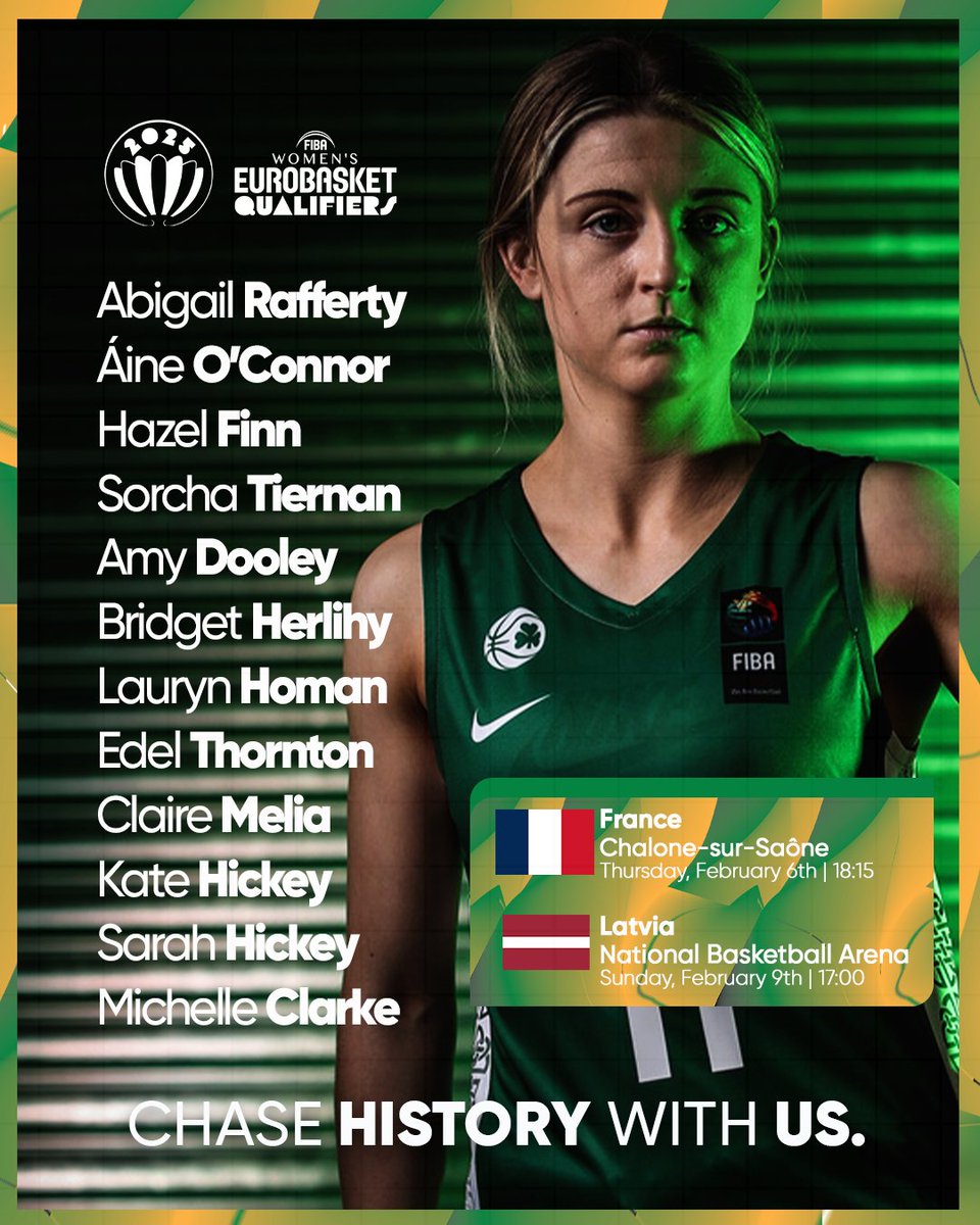 Your Ireland squad for February 's FIBA Women's EuroBasket 2025 qualifiers against 🇫🇷 and 🇱🇻!

Edel Thornton is 🔙

06/02 | 🇫🇷🆚🇮🇪
09/02 | 🇮🇪🆚 🇱🇻

🎟️➡️ Go to ireland.basketball/tickets

#Greenmeansgo ☘️ | #IrishBasketball
