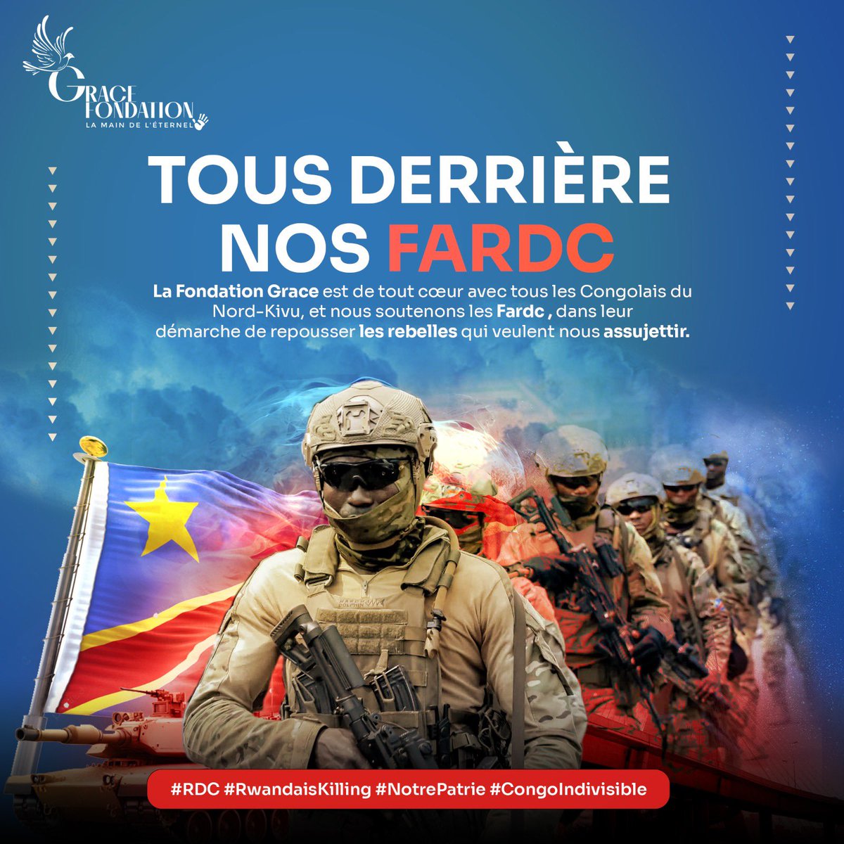 graceFondation's tweet photo. La Fondation Grace est de tout cœur avec tous les Congolais du Nord-Kivu, et nous soutenons les Fardc , dans leur démarche de repousser les rebelles qui veulent nous assujettir. #RDC #RwandaisKilling #NotrePatrie #CongoIndivisible https://t.co/gwRNHt3wUC