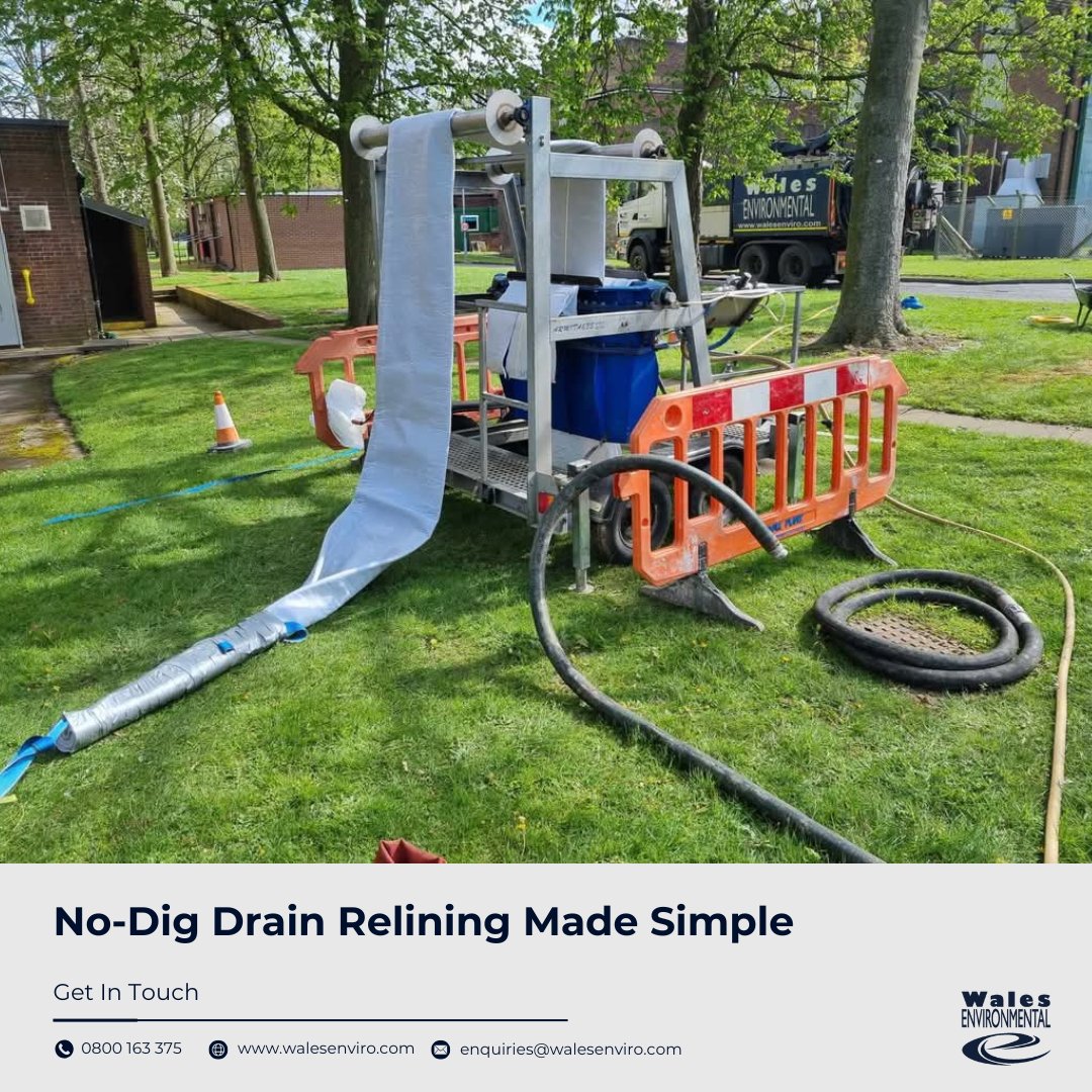 Dealing with drain issues? Our no-dig relining repairs pipes from the inside—no excavation needed. Blockages? Our high-pressure jetting clears them fast. Contact us: 0800 163 375 or enquiries@walesenviro.com. #NoDigRepairs #DrainLining #JettingServices