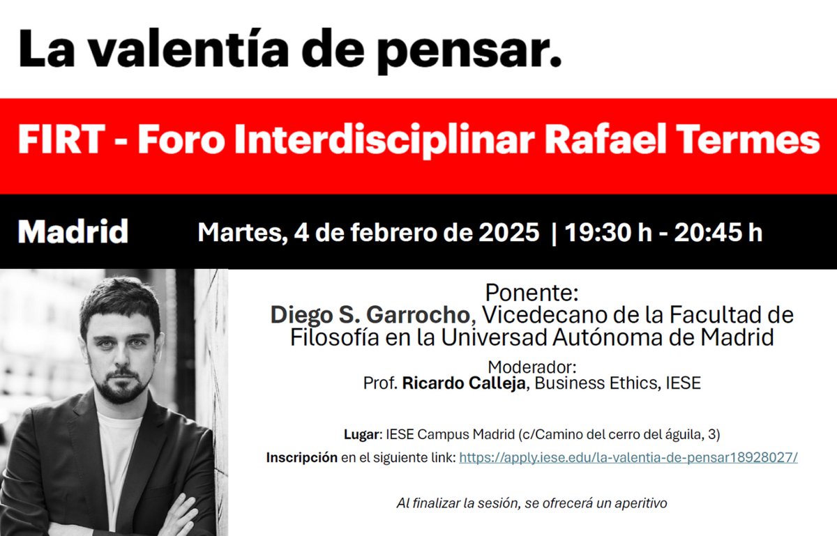 La semana que viene: <a href="/GarrochoS/">Diego S. Garrocho</a> en el Foro Termes de <a href="/iesebschool/">IESE Business School</a>. Podéis apuntaros aquí. Espero veros en el vino que serviremos al terminar. 

apply.iese.edu/la-valentia-de…