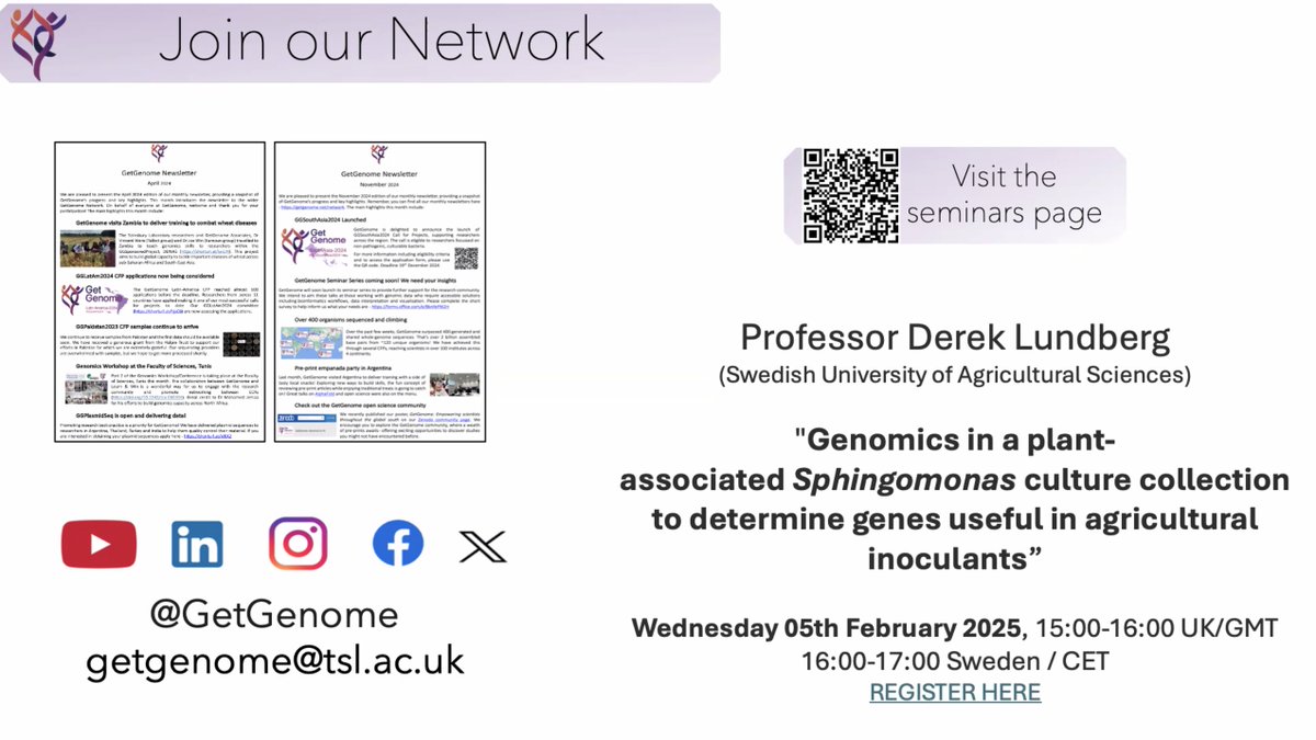 GetGenome seminar series continues...

Derek Lundberg <a href="/_SLU/">SLU</a> 🇸🇪
Wednesday 5 February 16:00 CET (15:00GMT / UK)

“Genomics in a plant-associated Sphingomonas culture collection to determine genes useful in agricultural inoculants” getgenome.net/seminar-series
