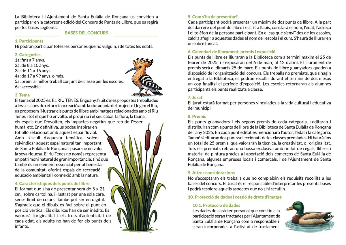 💧 El riu Tenes protagonitza el 14è Concurs de punts de llibre de #SantaEulàliadeRonçana

📚 La Biblioteca proposa il·lustrar els punts amb les imatges del riu i el seu entorn, fruit de les sessions del projecte Llegim el riu

Més informació a ▶️ recursos.ser.cat/4k5wZj