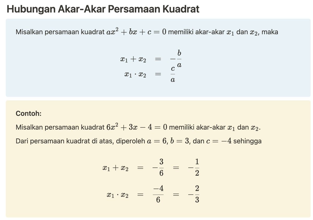 matrohmatmath's tweet photo. 𝗢𝗻𝗲 𝗗𝗮𝘆 𝗢𝗻𝗲 𝗖𝗼𝗻𝗰𝗲𝗽𝘁
Hubungan Akar-Akar Persamaan Kuadrat

#matematika #utbk #snbt #utbk2025 #snbt2025 https://t.co/2f8tNF5GW7