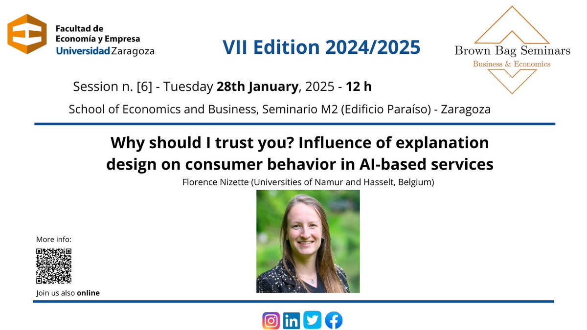 BagBusiness's tweet photo. 📢Reminder for TOMORROW! ⬇️
💻 Florence Nizette, Universities of Namur and Hasselt (Belgium): “Why should I trust you? Influence of explanation design on consumer behavior in AI-based services.” 
🗓️ Jan 28th, 12h, School of Economics and Business, Sem M2  https://t.co/1fUSLRS2n0 https://t.co/AamCTUtKq6
