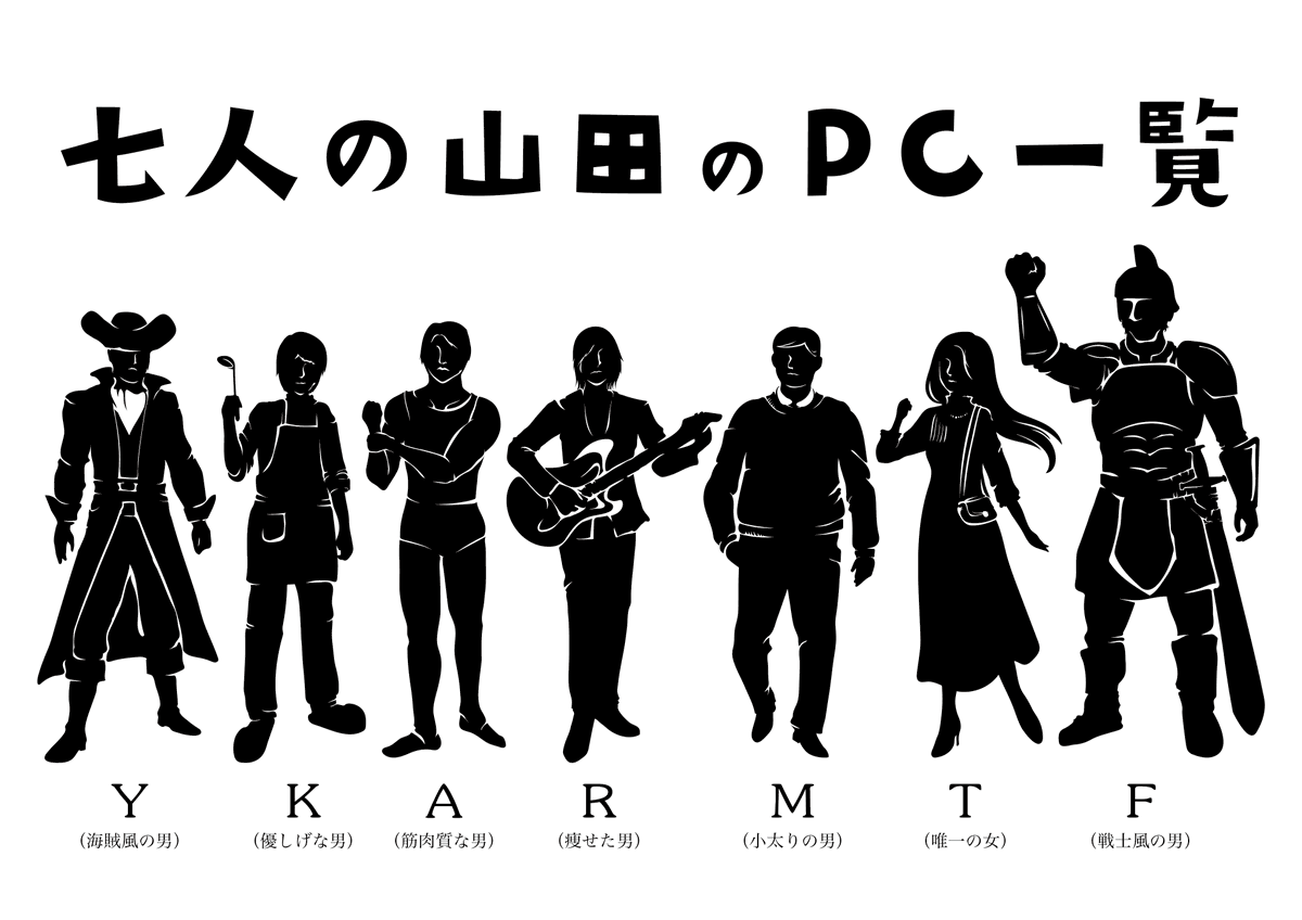 お知らせ》 ヤマーダーミステリー『七人の山田』の、新しいキャラクターシルエットを製作させていただきました。  これは重大なネタバレなんですが…なんと、犯人は山田なんです！！ ちなみに私は以前Fで参加させていただき、同卓の皆様の困惑を一身に集めました。その節は  ..., image size:1200x848